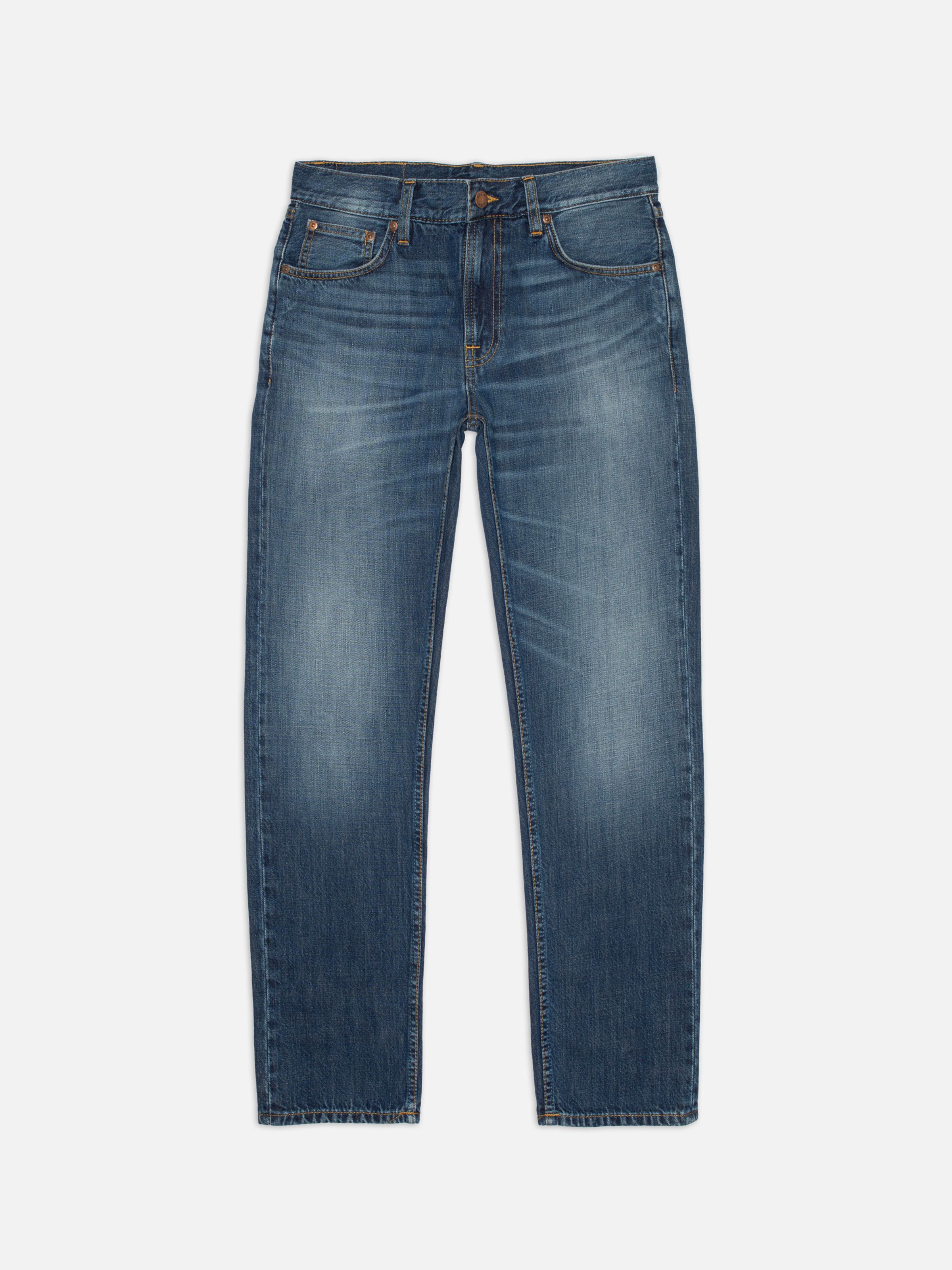 Nudie Jeans Gritty Jackson Sun Set, men's regular fit straight leg jeans in a mid-blue wash, shown from the front.