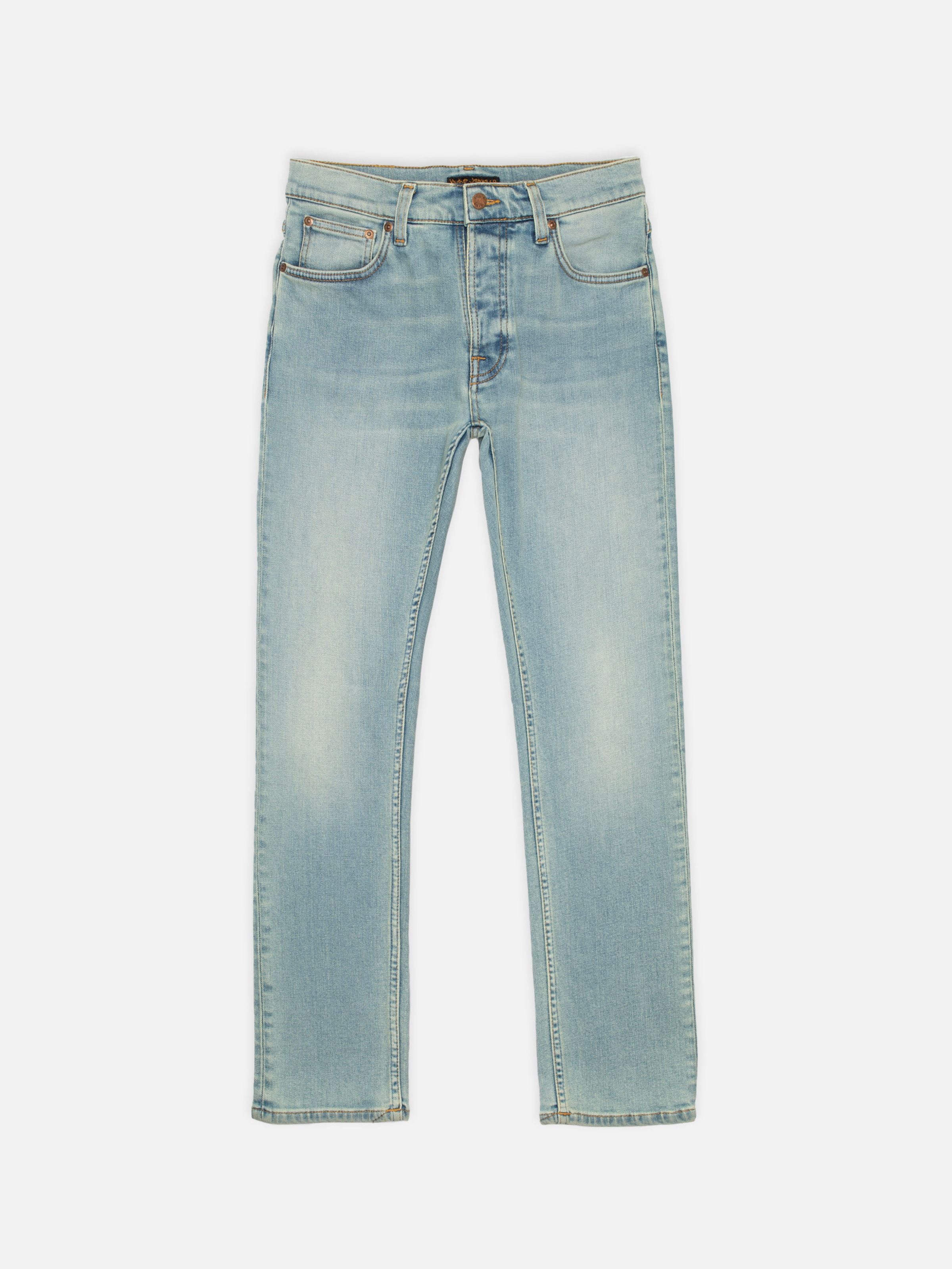 Nudie Jeans Grim Tim Shallow Waters, men's slim-fit jeans in a pale light blue wash, flat lay front view.