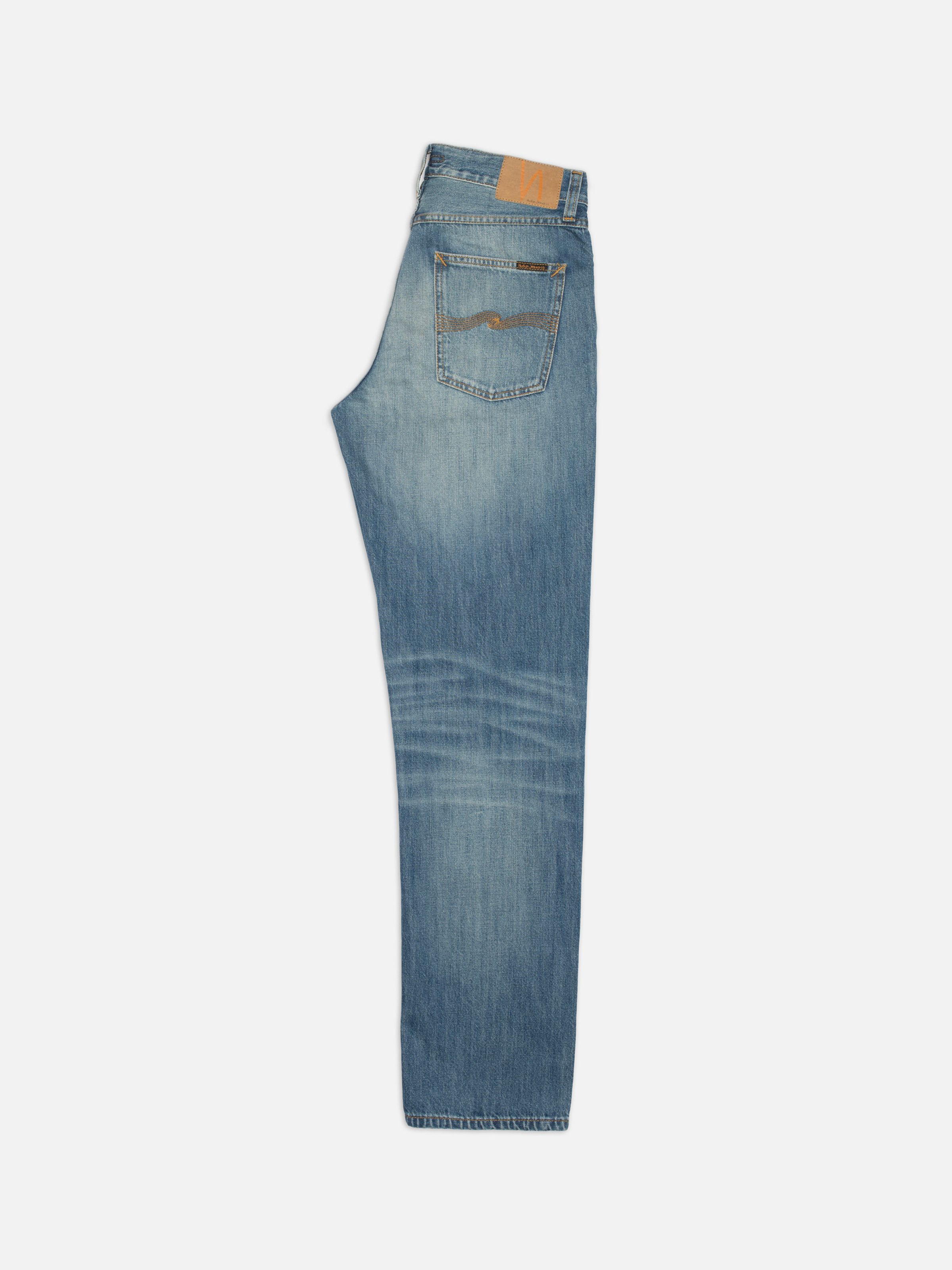 Nudie Jeans Rad Rufus Slow Drive, regular fit straight leg jeans in a blue wash, shown from the side.