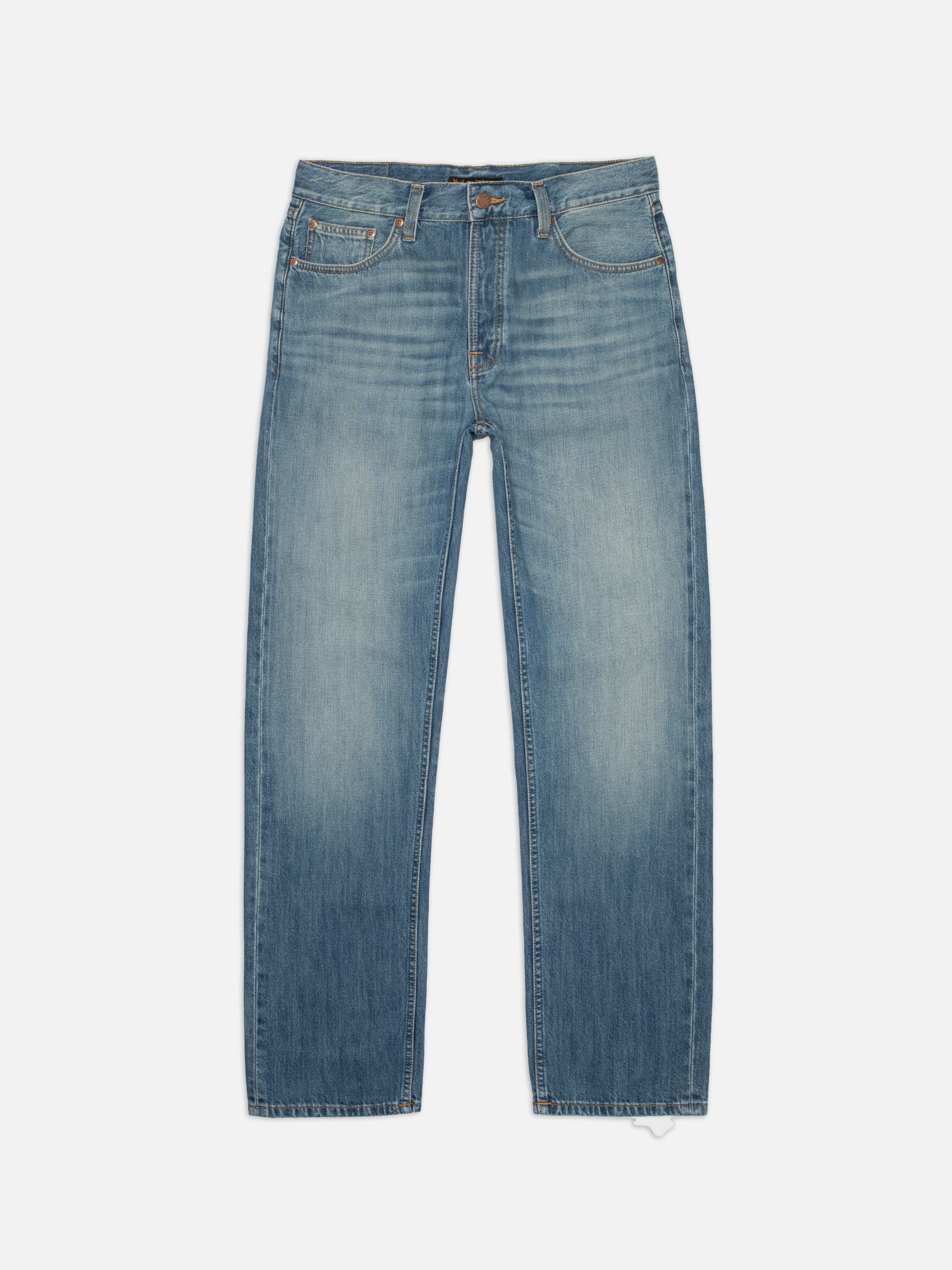 Nudie Jeans Rad Rufus Slow Drive, men's regular-fit jeans in a light blue wash, shown in a front flatshot.