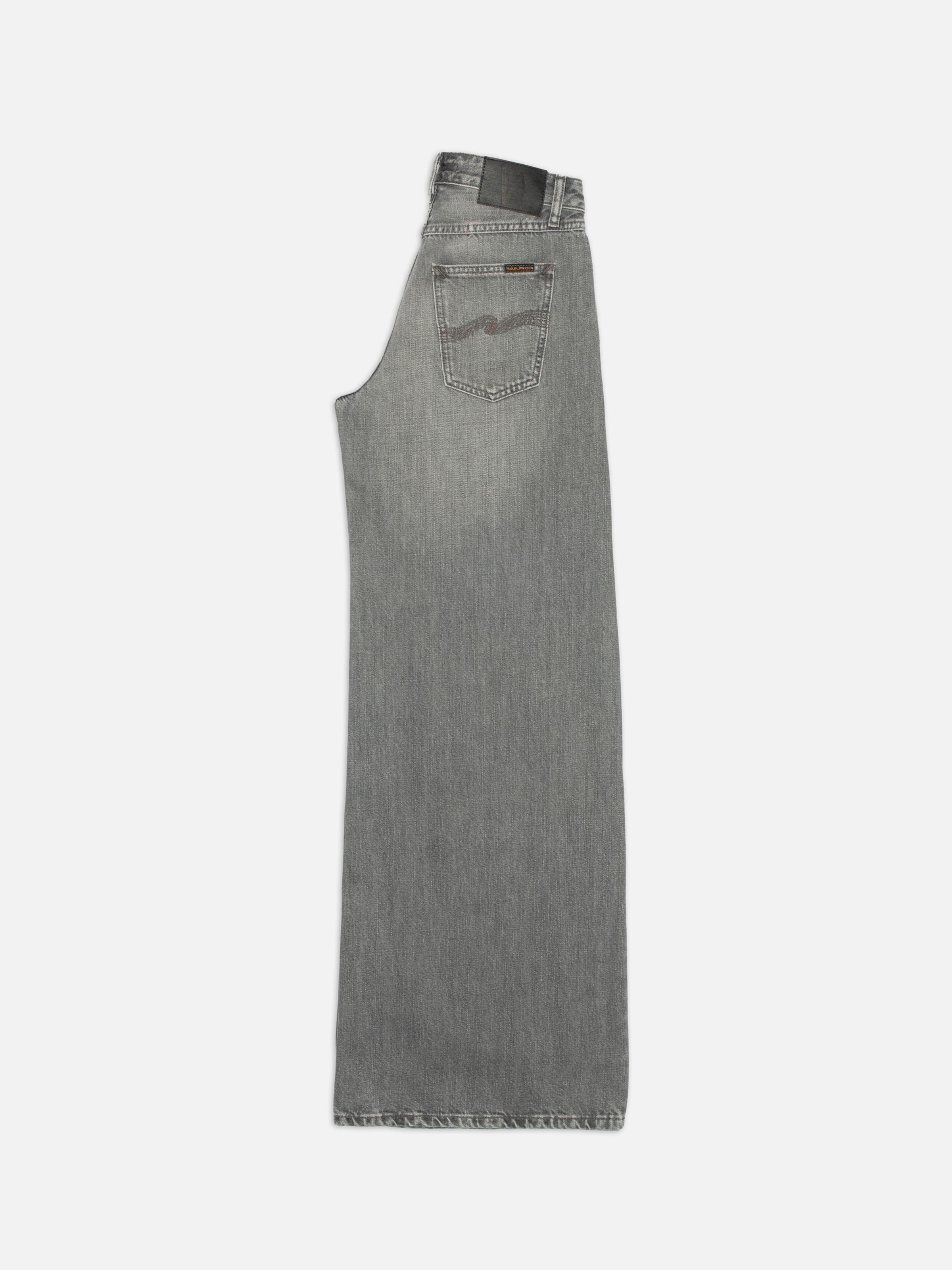 Nudie Jeans Sonic Sue Foggy Grey, women's wide-leg jeans shown from the side against a white background.