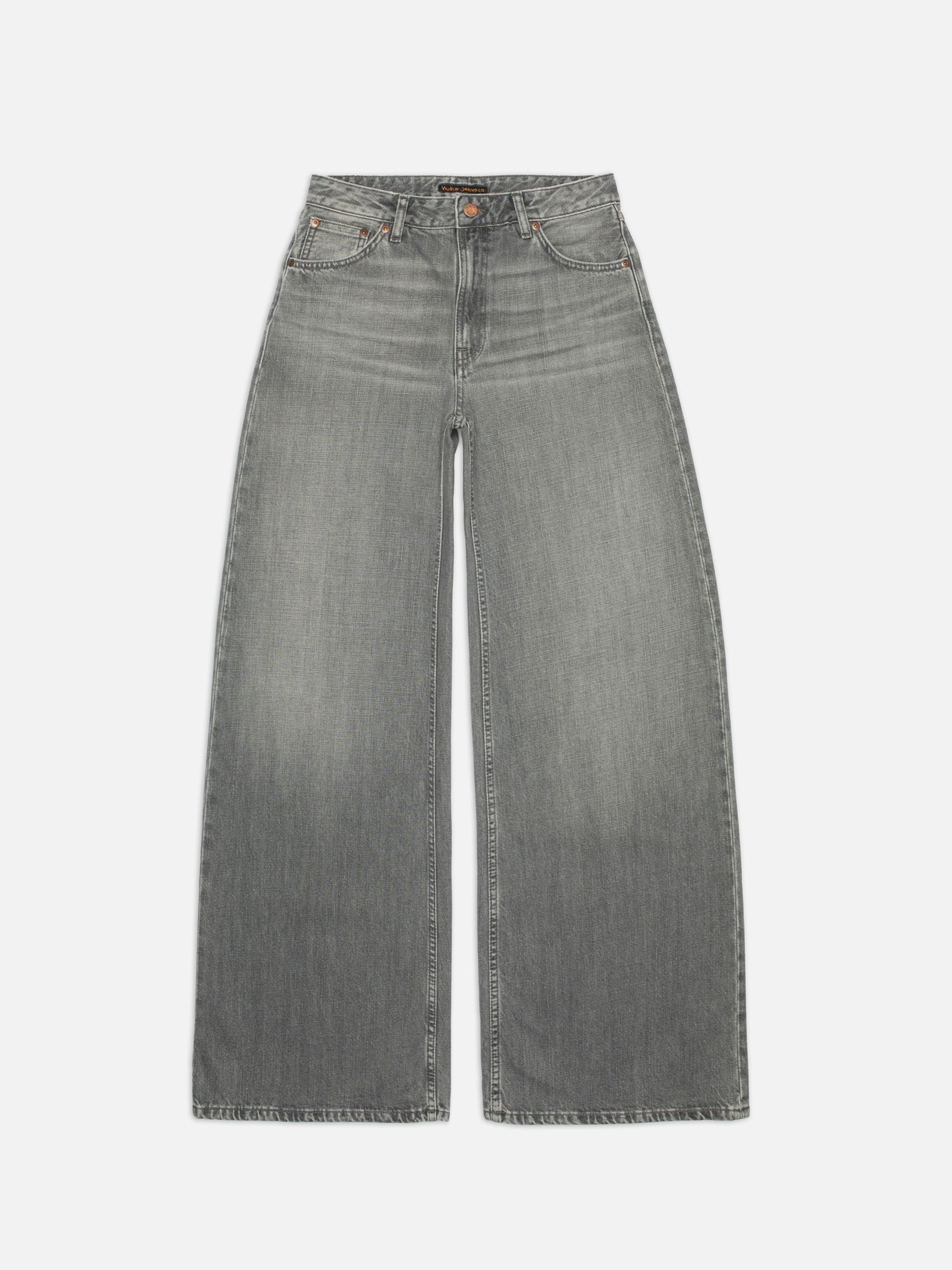 Nudie Jeans Sonic Sue Foggy Grey, women's loose-fit wide-leg jeans shown in a full-length flat shot.