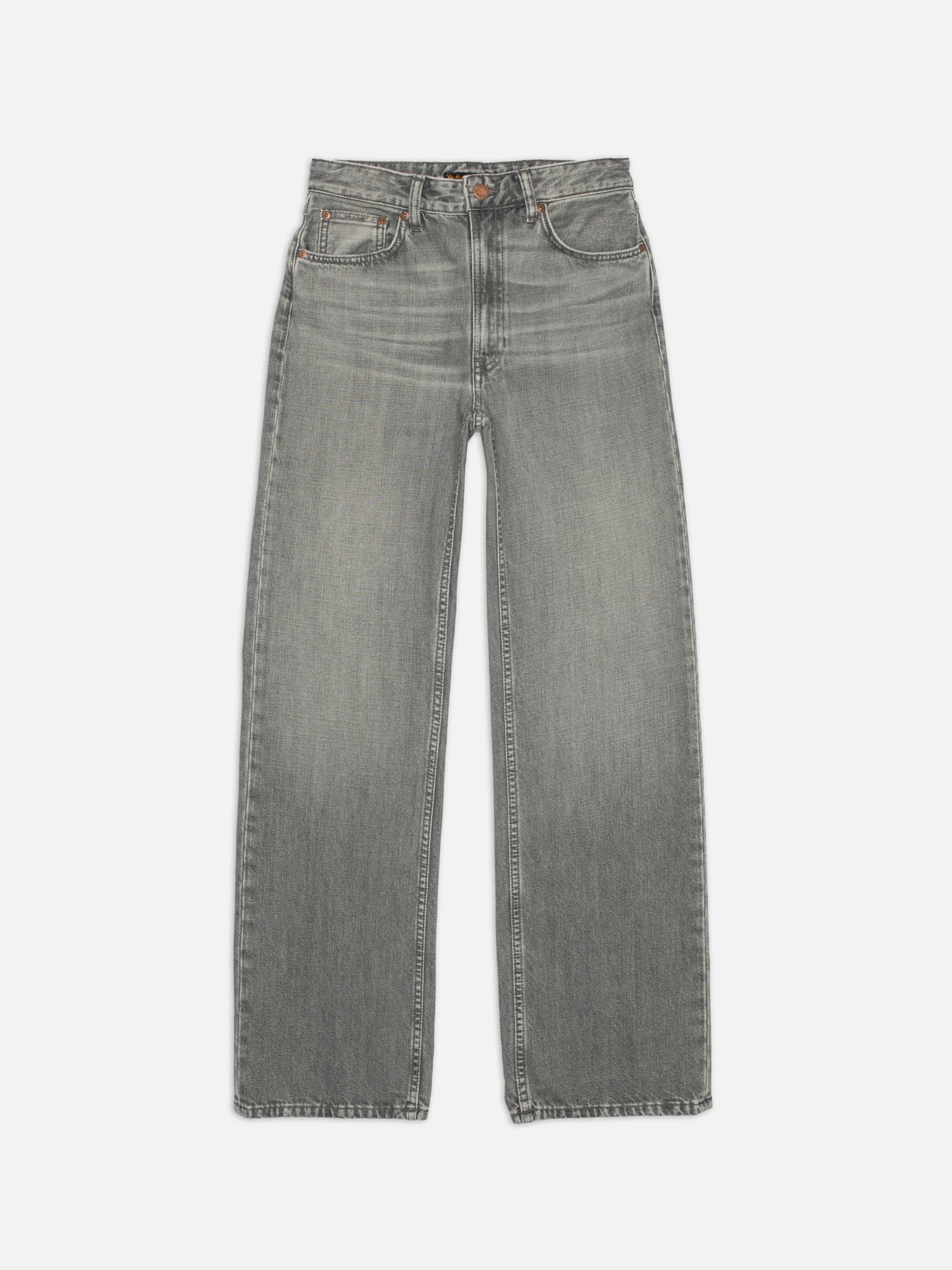 Nudie Jeans Clean Eileen Foggy Grey, women's high-waist loose-fit jeans shown from the front in a flat shot.