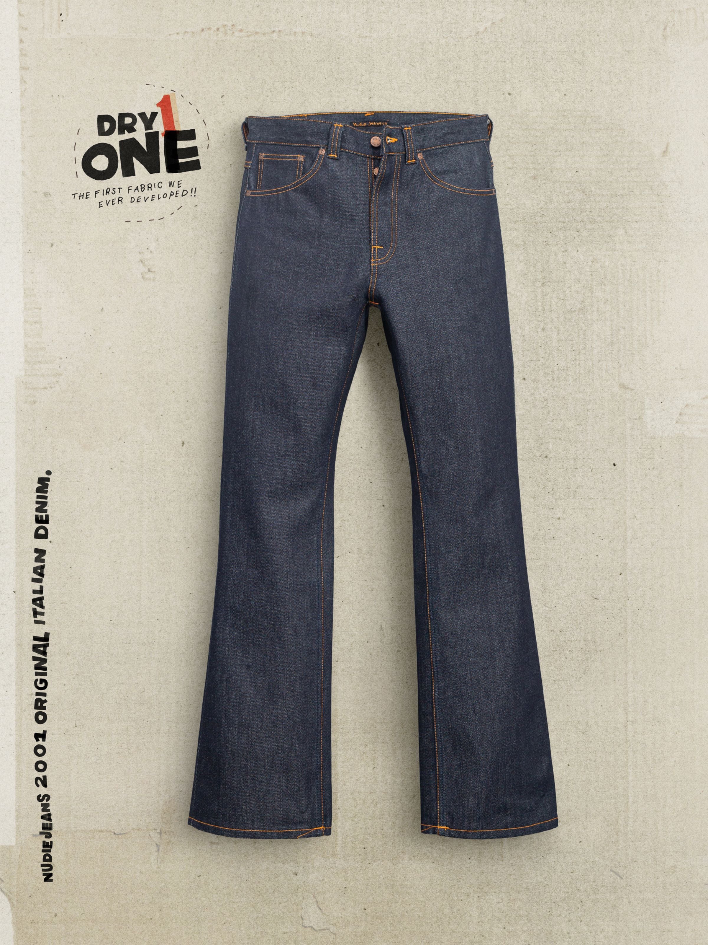 Nudie Jeans Flare Glenn Dry One, men's regular fit flared jeans in rigid indigo organic cotton denim, shown laid flat.