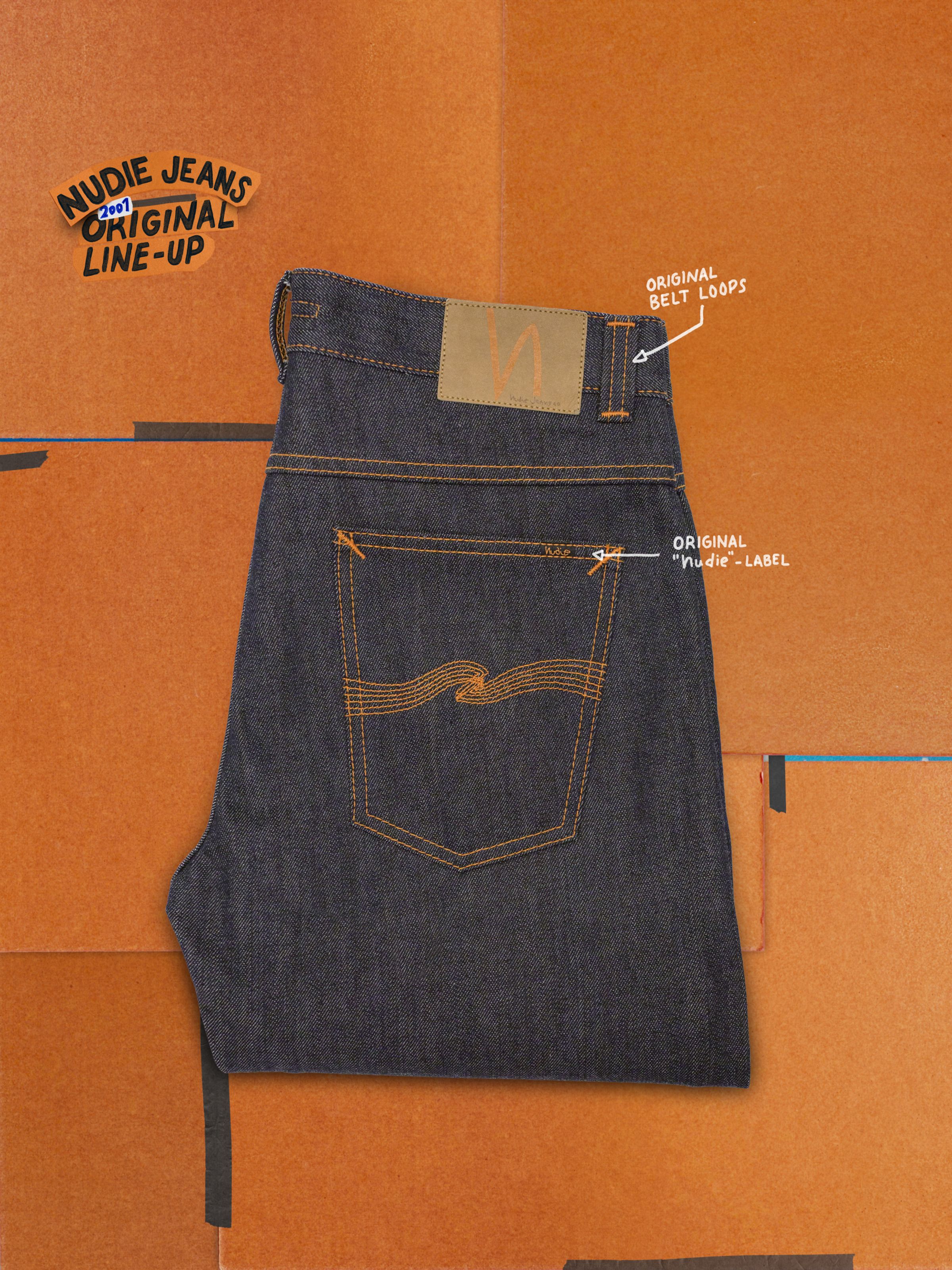 Nudie Jeans Flare Glenn Dry One in rigid Dry Blue denim, showing orange stitching and original design details on the back.