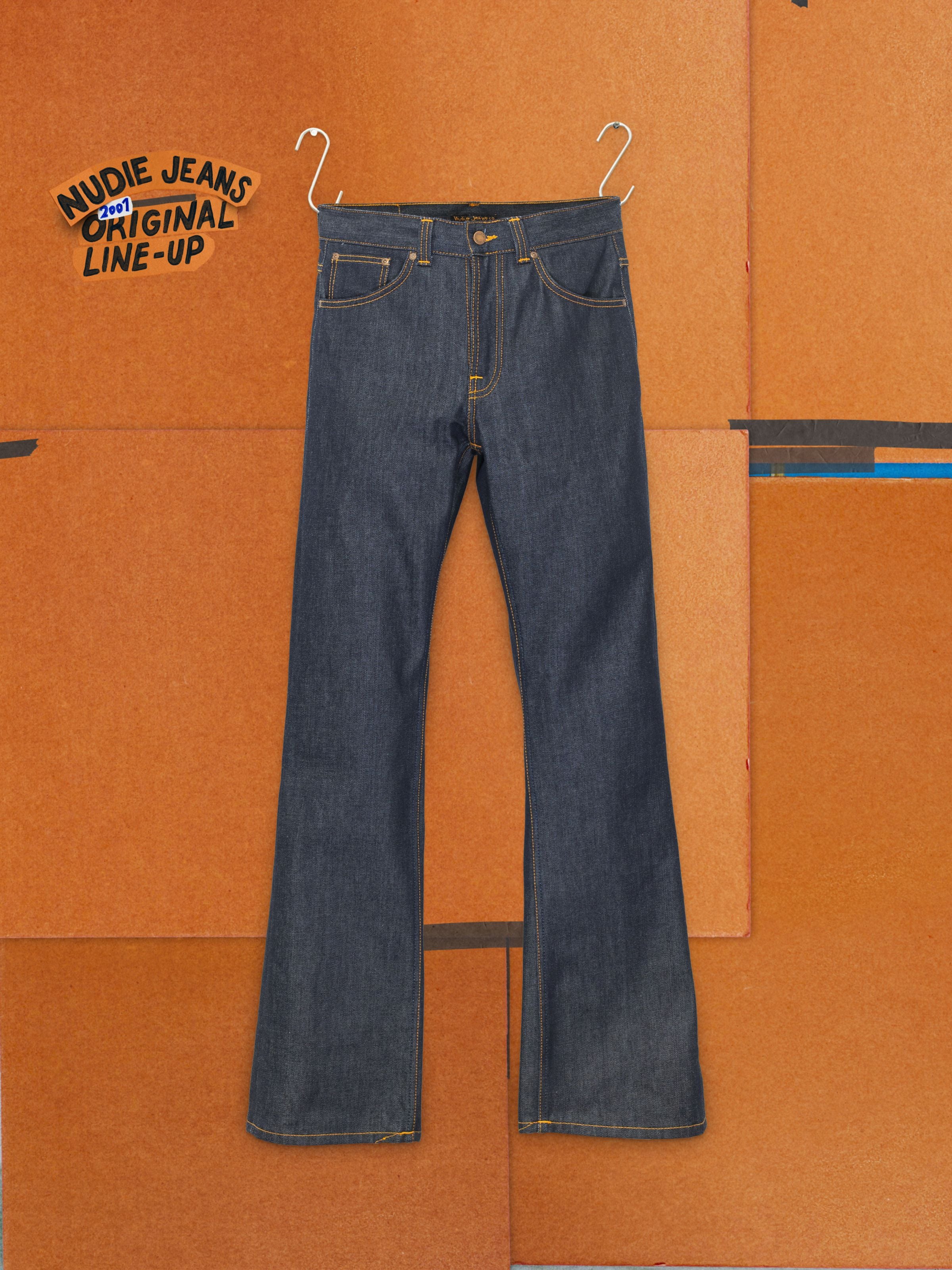 Nudie Jeans Flare Glenn Dry One, regular-fit flared jeans in dry blue rigid denim with orange stitching, front flatshot.