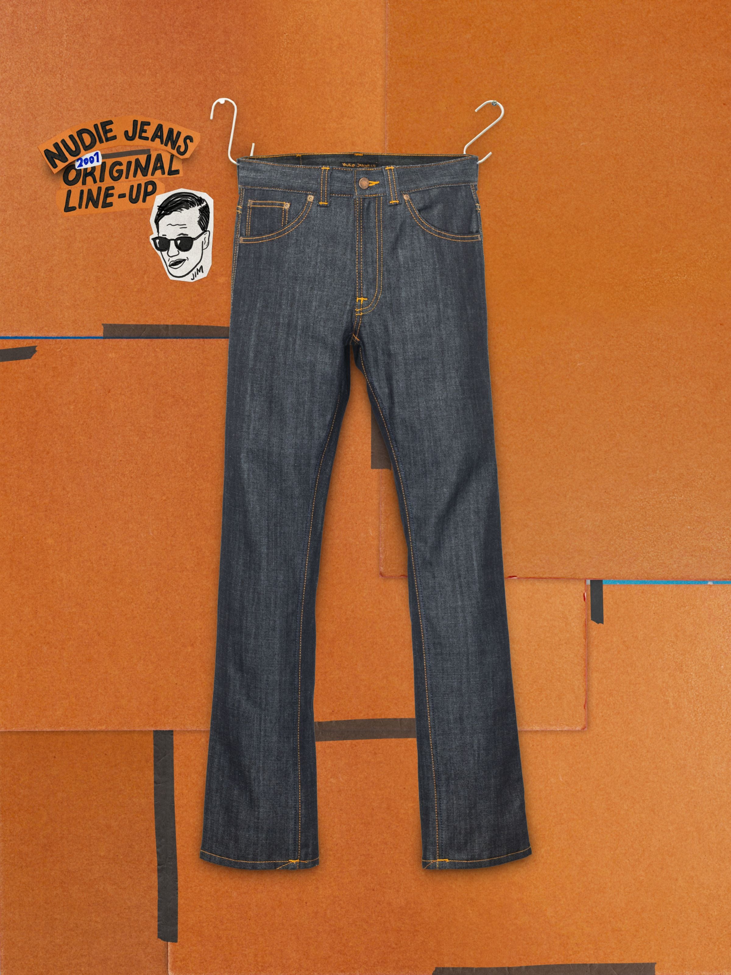 Nudie Jeans Slim Jim Dry Two, slim straight jeans in 11.5 oz dry blue rigid broken twill denim, shown in a front flat shot.