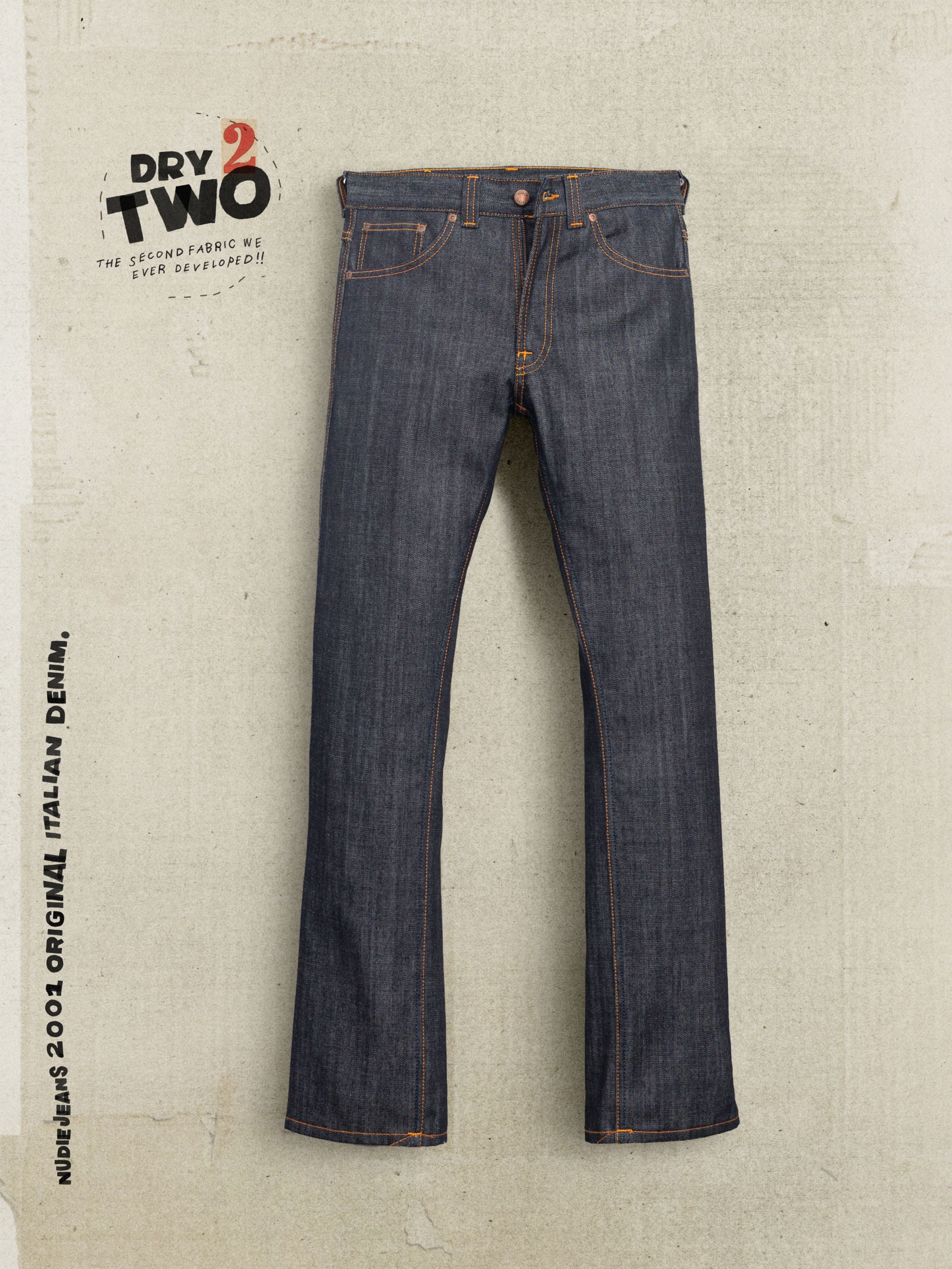 Nudie Jeans Slim Jim Dry Two, slim straight jeans in dark blue rigid organic cotton denim with orange seams, laid flat.
