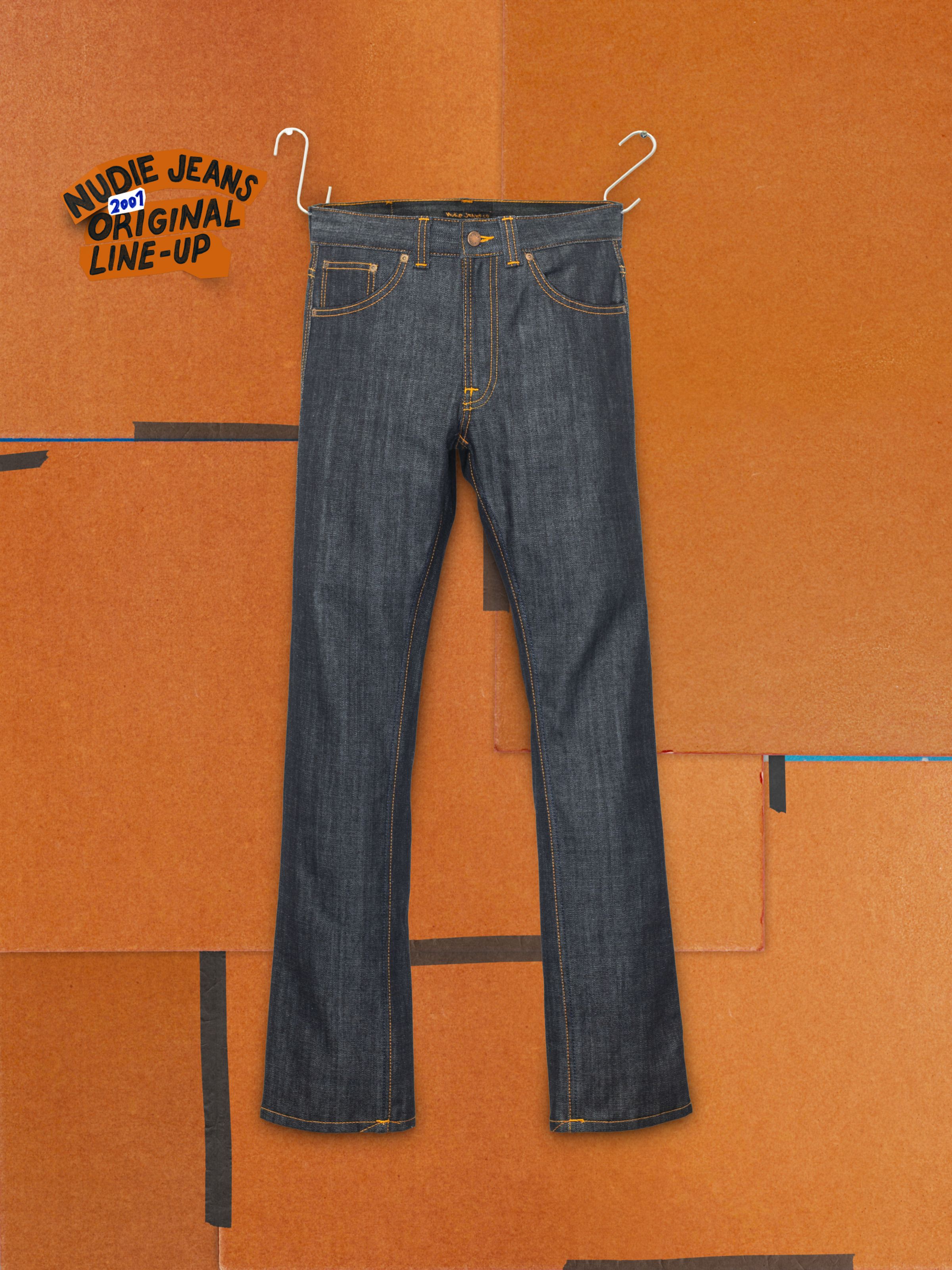 Nudie Jeans Slim Jim Dry Two, slim-fit rigid indigo denim jeans with orange stitching, shown in a front flat shot.