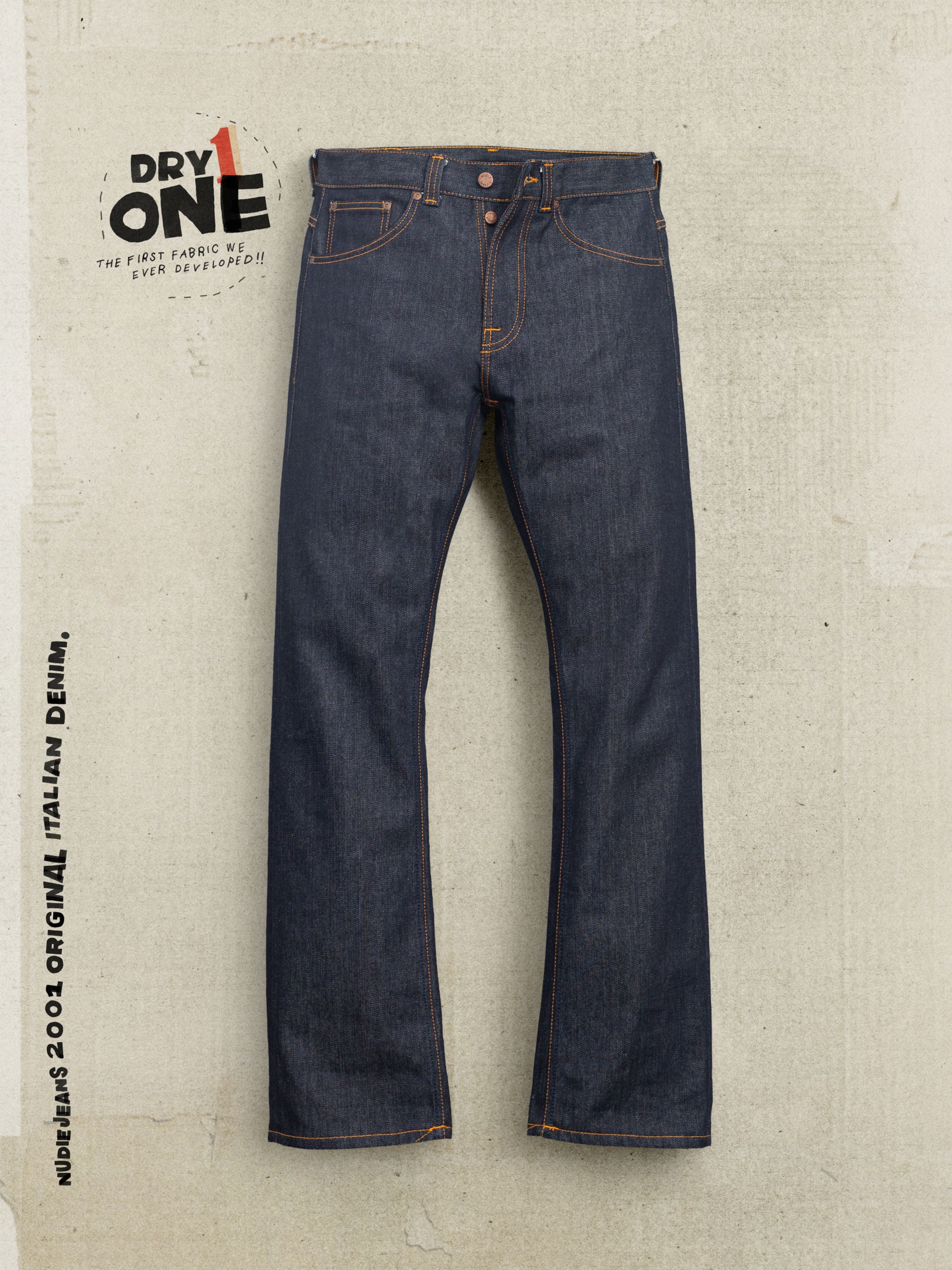 Nudie Jeans Regular Alf Dry One, men's regular fit bootcut jeans in dark indigo rigid organic cotton, shown laid flat.