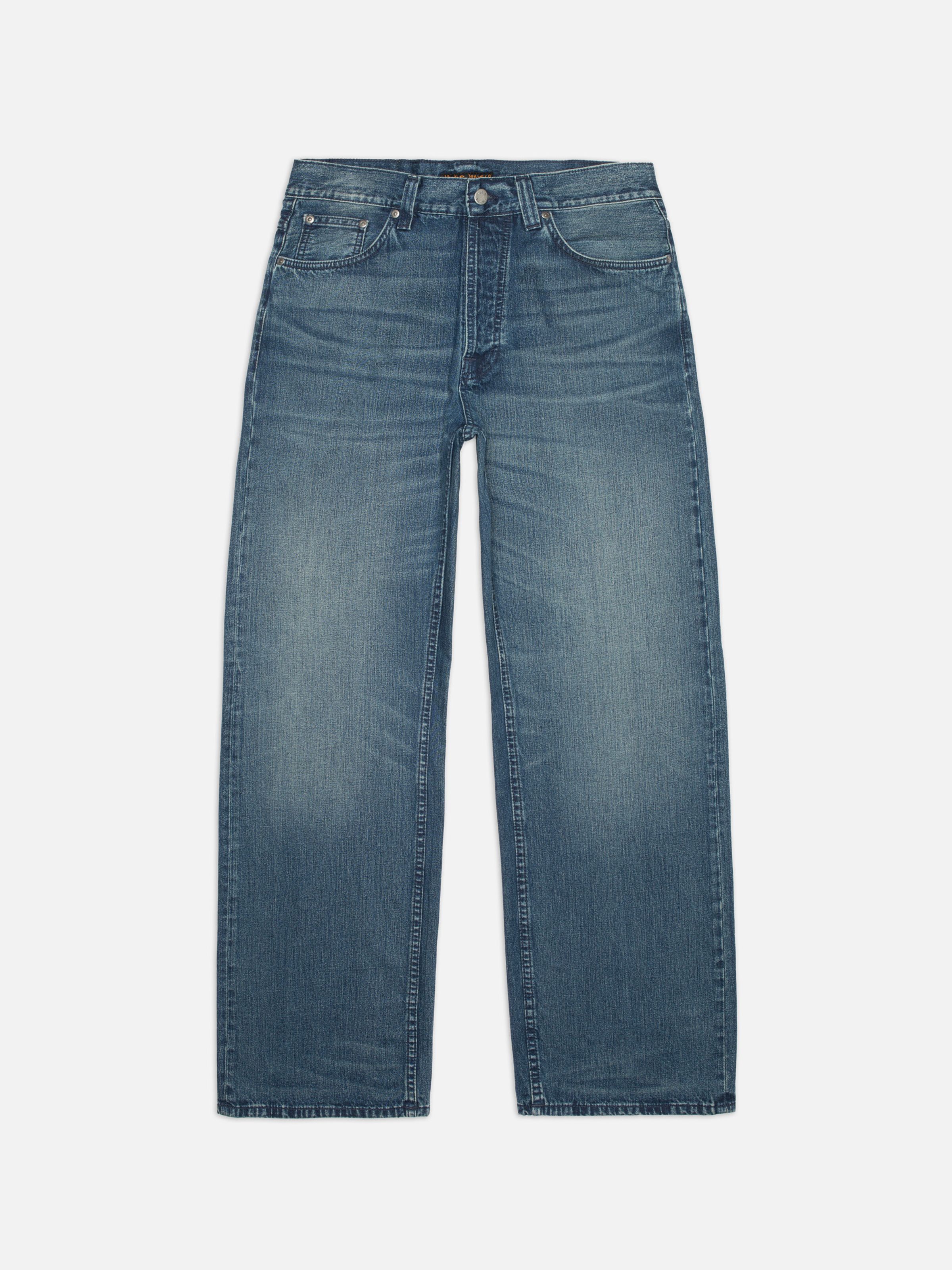 Nudie Jeans Loud Larry Blue Painter, men's loose-fit jeans with a wide leg shown in a full-length flat shot.