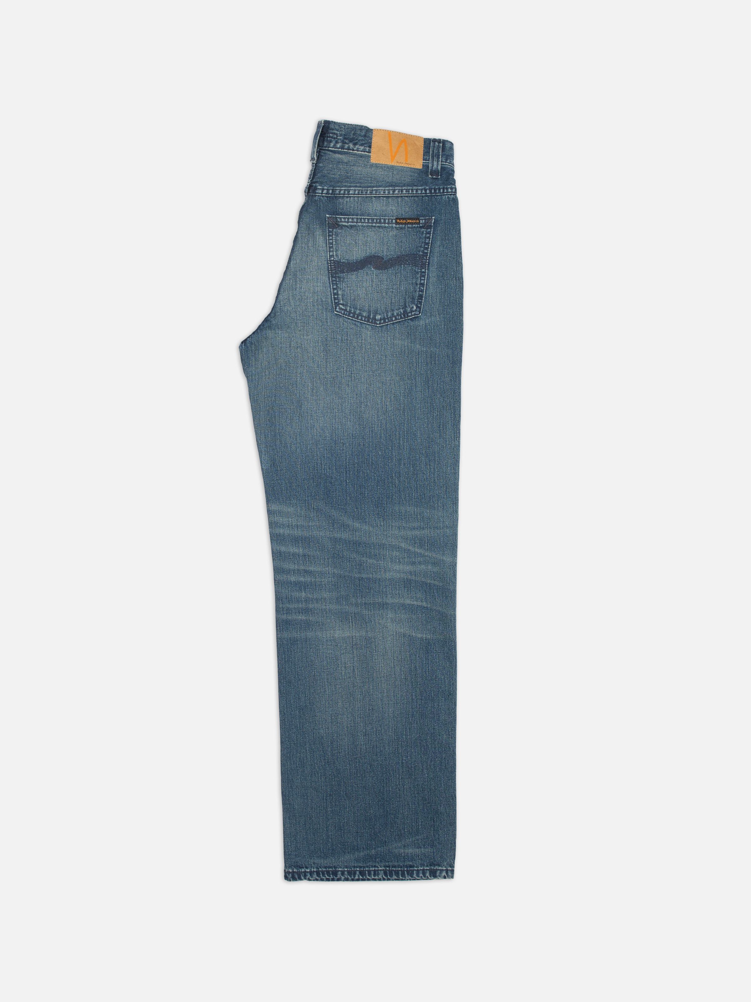 Nudie Jeans Loud Larry Blue Painter, men's loose-fit wide-leg jeans shown from the side profile.