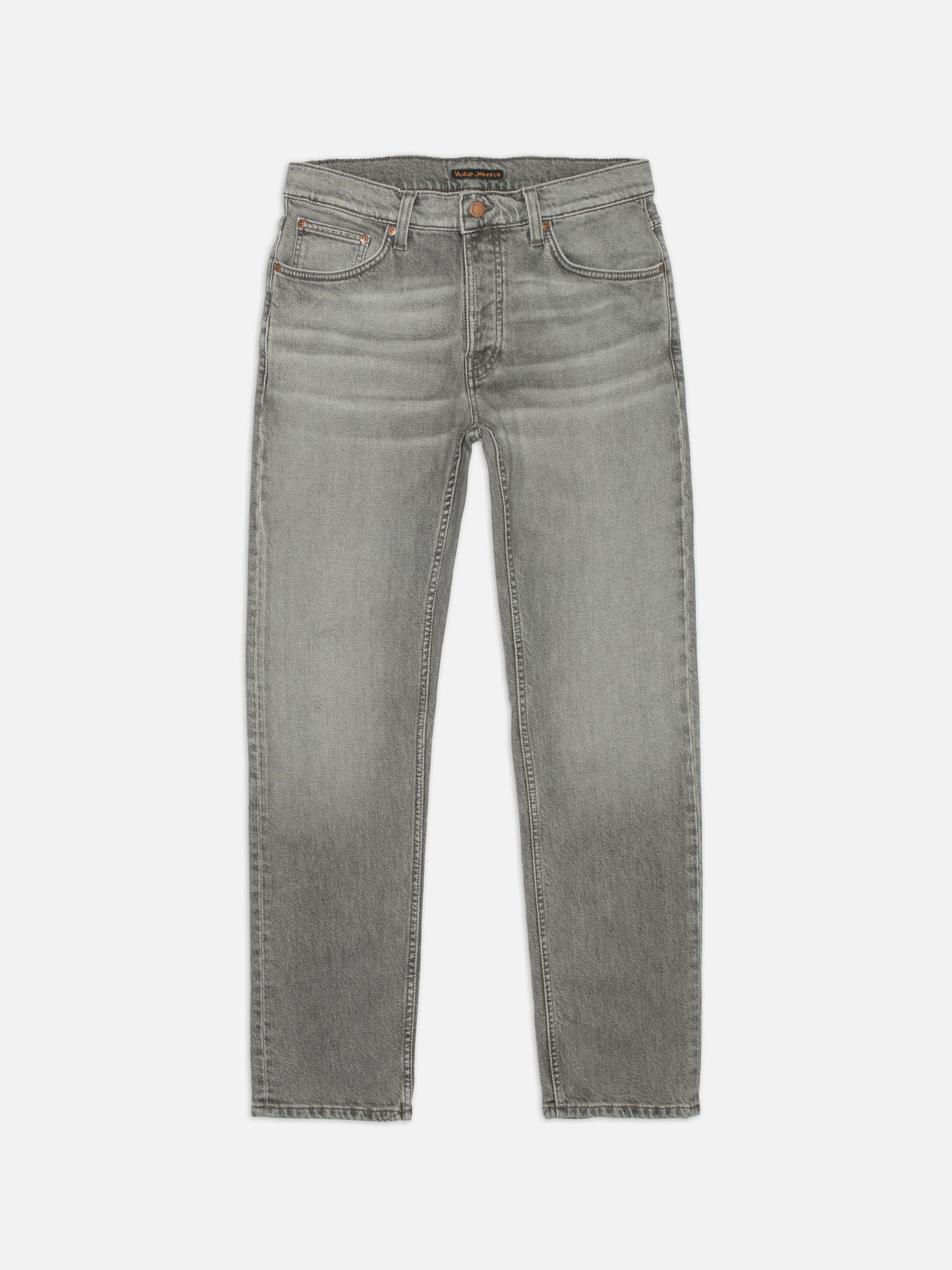Nudie Jeans Solid Ollie Pale Ash, men's slim-fit jeans shown from the front in a flat shot.