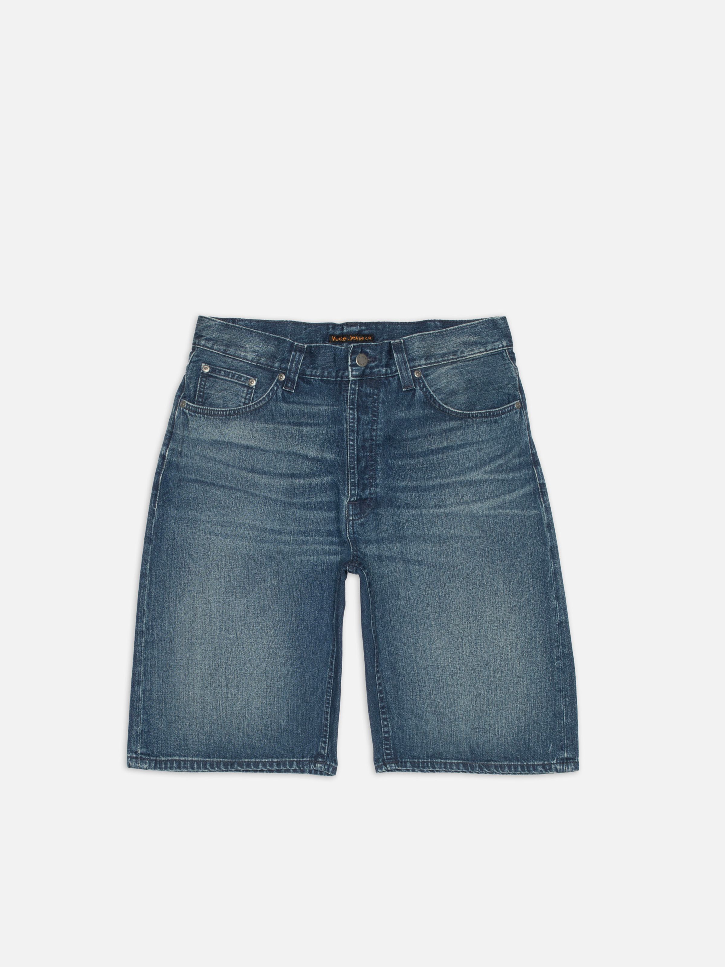 Nudie Jeans Zeb Denim Shorts Blue Painter, men's loose-fit denim shorts shown from the front in a flatshot.