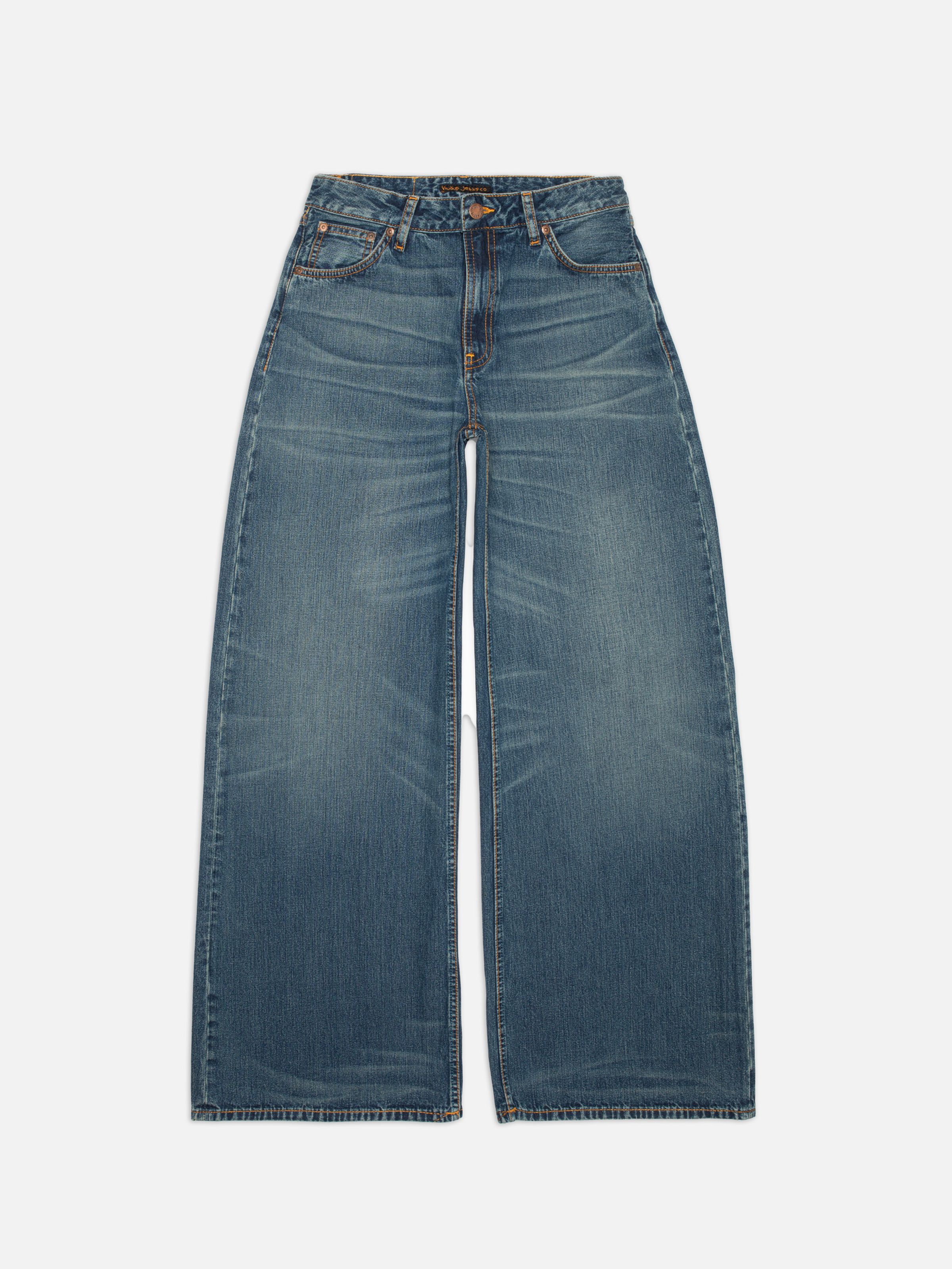 Nudie Jeans Sonic Sue Orange Painter, women's loose-fit wide-leg jeans shown from the front in a flat shot.