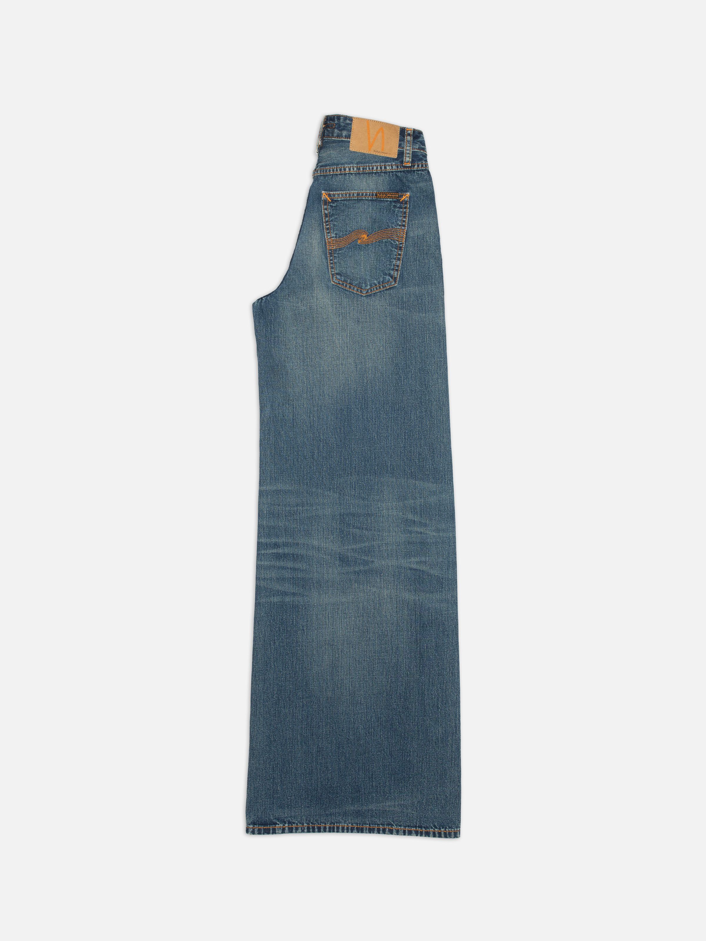 Nudie Jeans Sonic Sue Orange Painter, women's loose-fit wide-leg jeans shown from the side.
