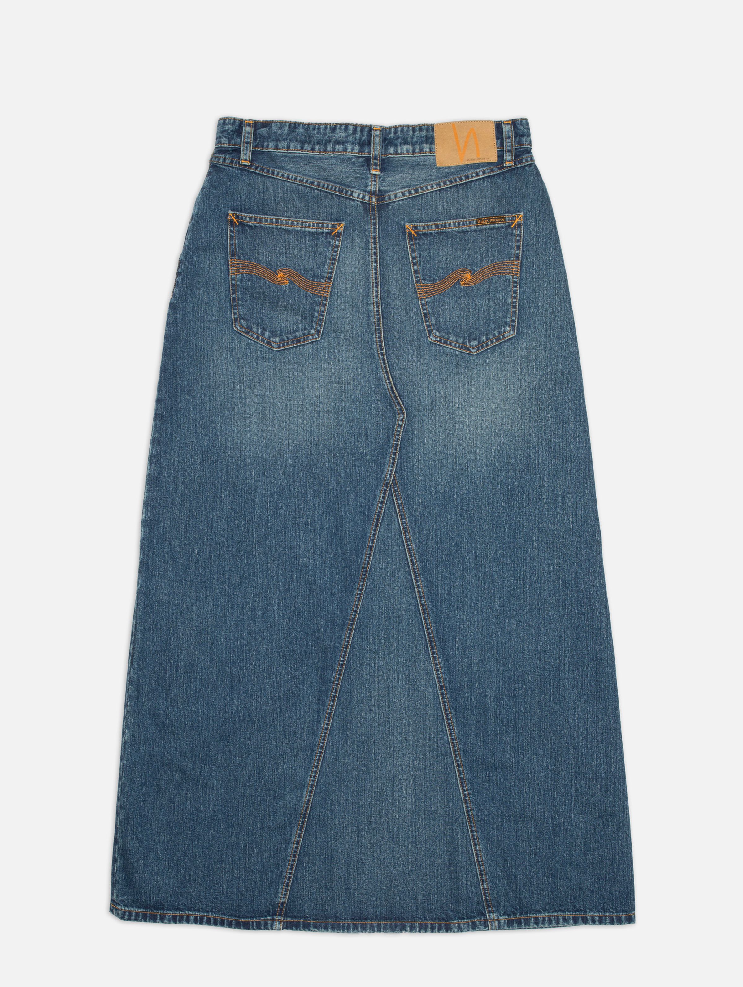 Nudie Jeans Tanja Skirt Orange Painter, full-length denim skirt in mid blue shown from the back.