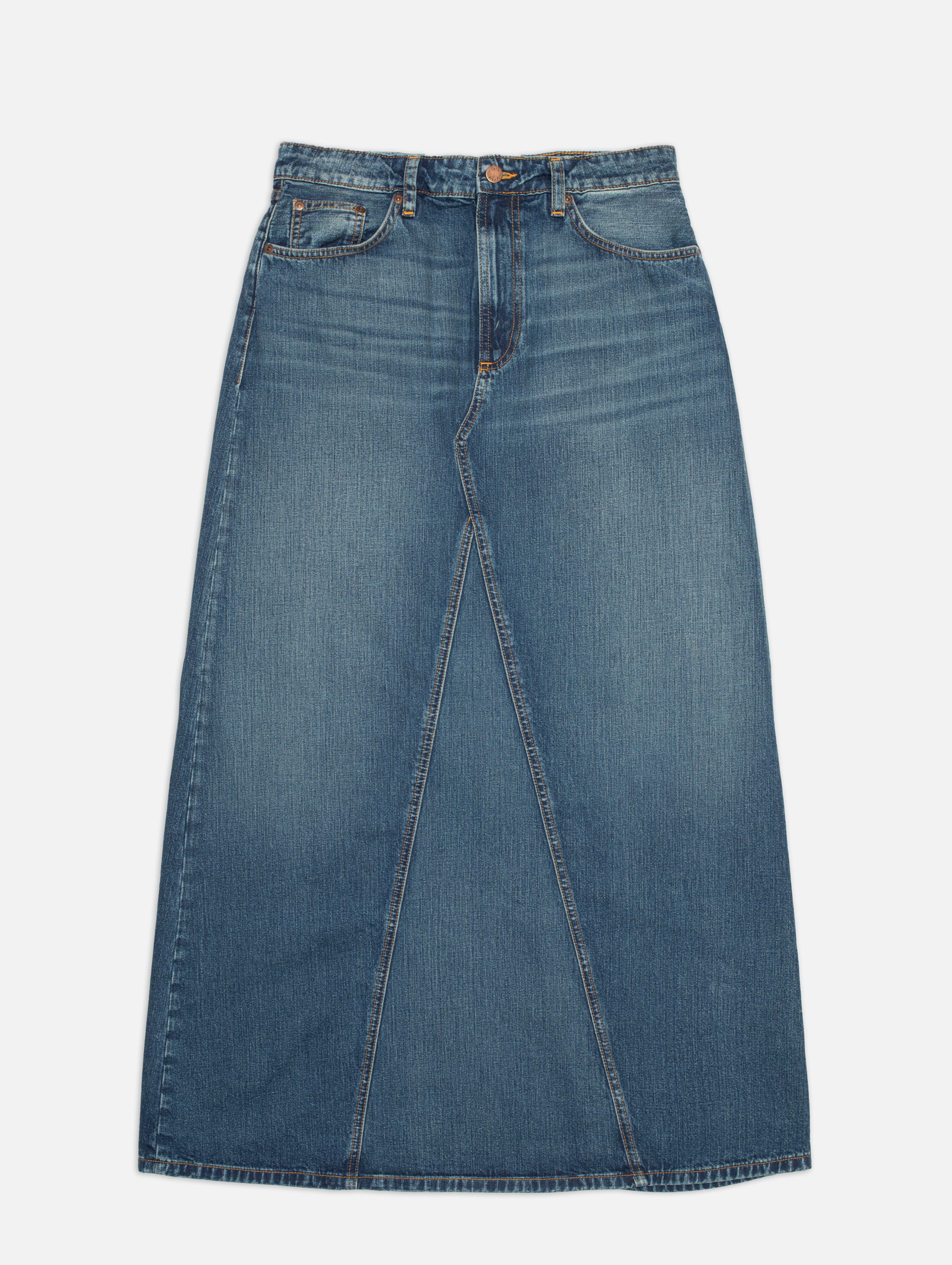 Nudie Jeans Tanja Skirt Orange Painter, women's relaxed full-length denim skirt shown from the front.