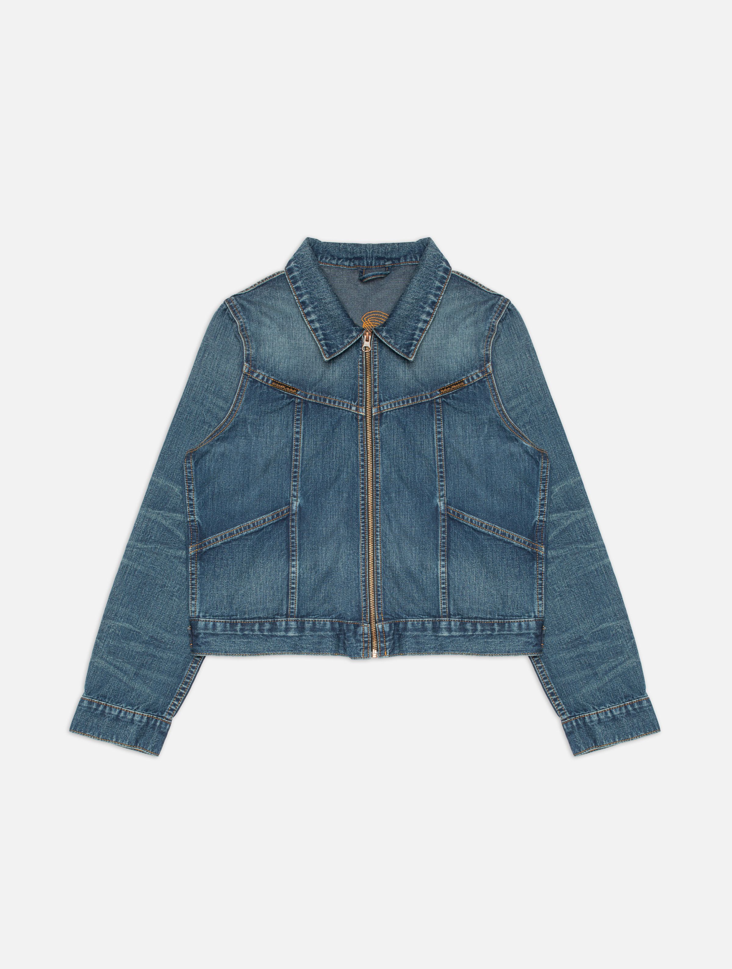 Nudie Jeans Britta Jacket Orange Painter, a slim-fit women's denim jacket shown flat against a white background.