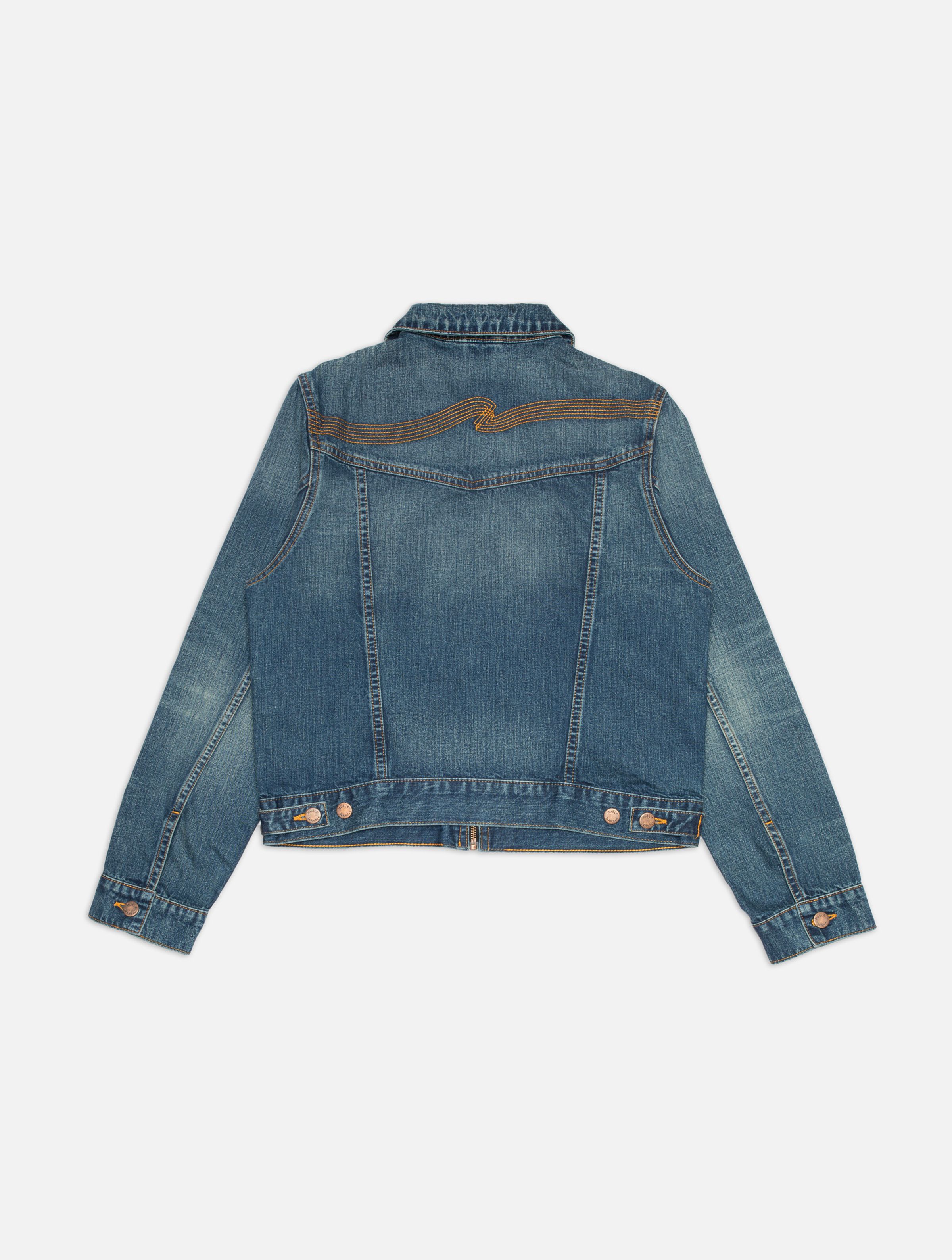 Nudie Jeans Britta Jacket Orange Painter, women's slim-fit denim jacket shown from the back.