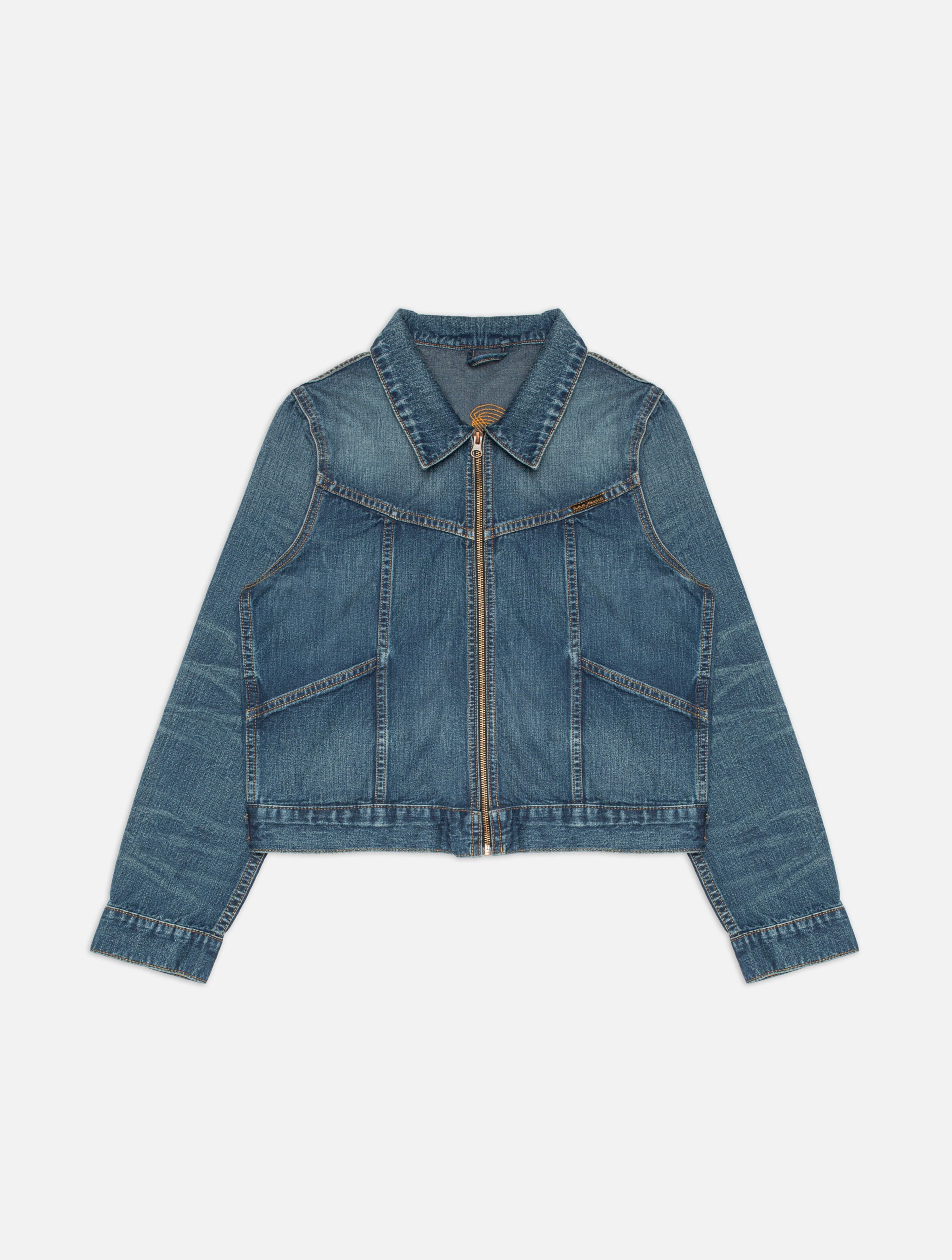 Britta Jacket Orange Painter, a slim-fit women's jacket in mid blue rigid organic cotton denim, shown laid flat.