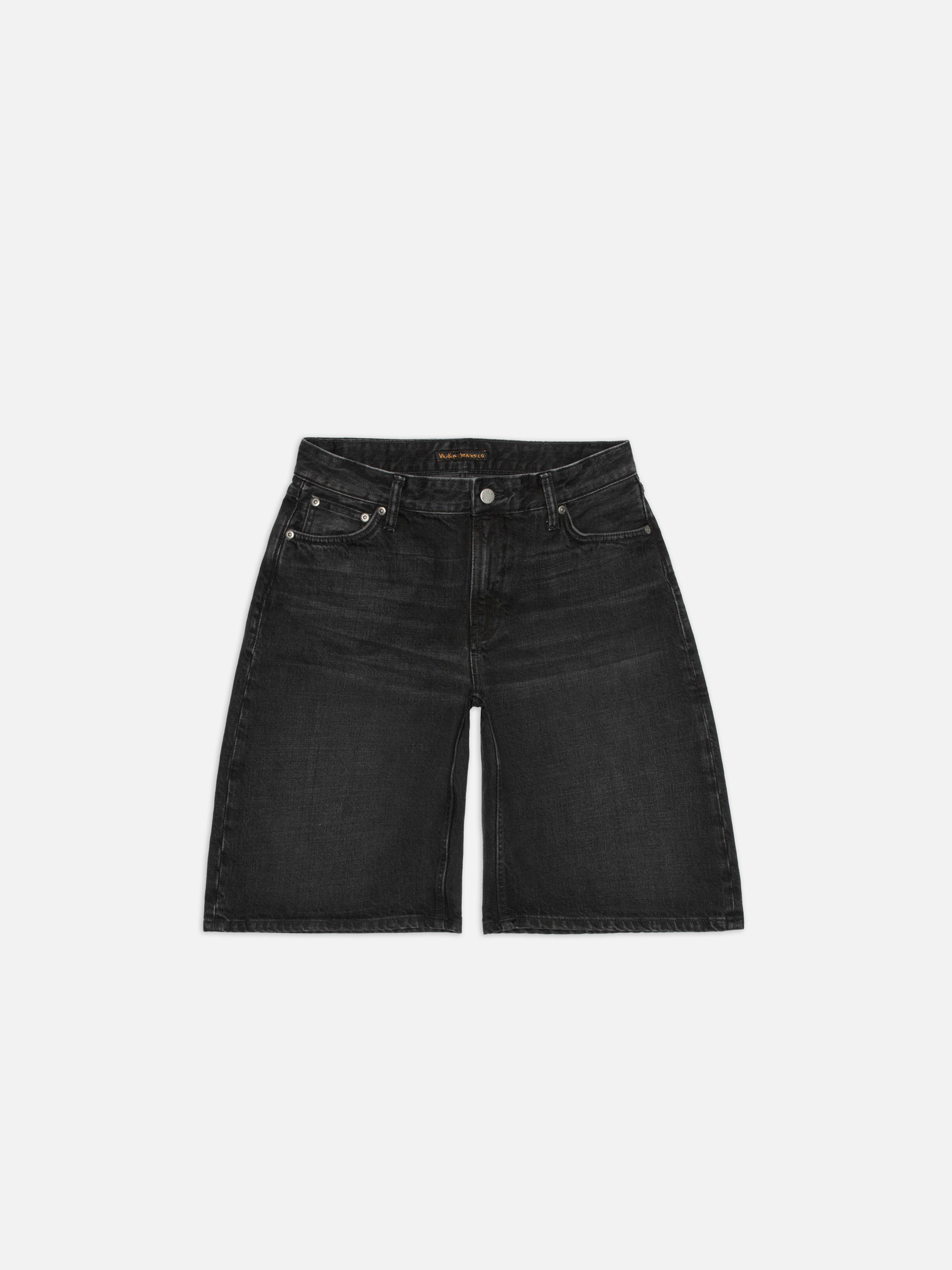 Nudie Jeans Meja Denim Shorts Night Dune, women's wide-leg denim shorts shown in a flat lay front view.
