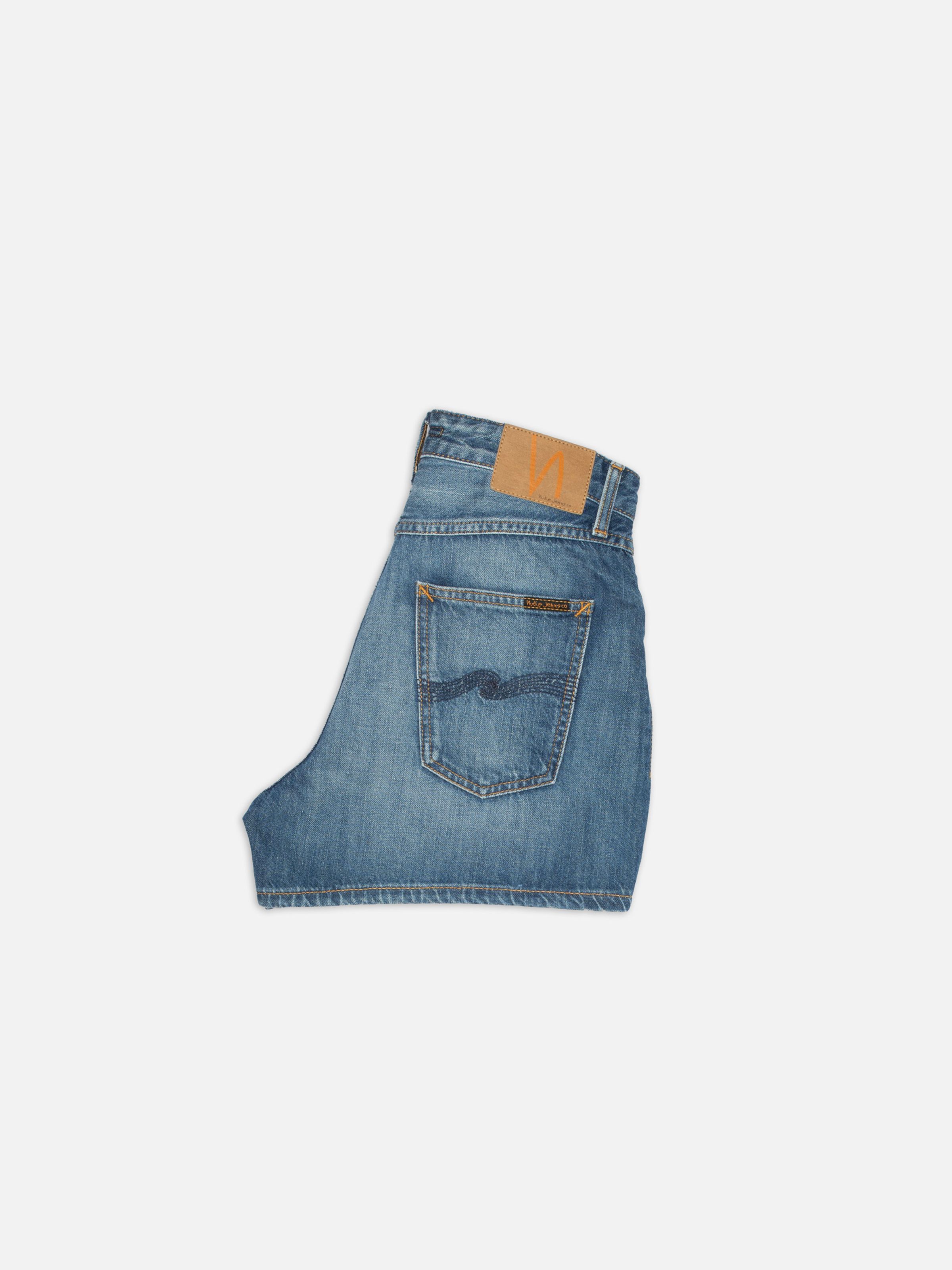 Nudie Jeans Maeve Denim Shorts Clear Skies, high-waisted loose-fit shorts shown from the back on a white background.