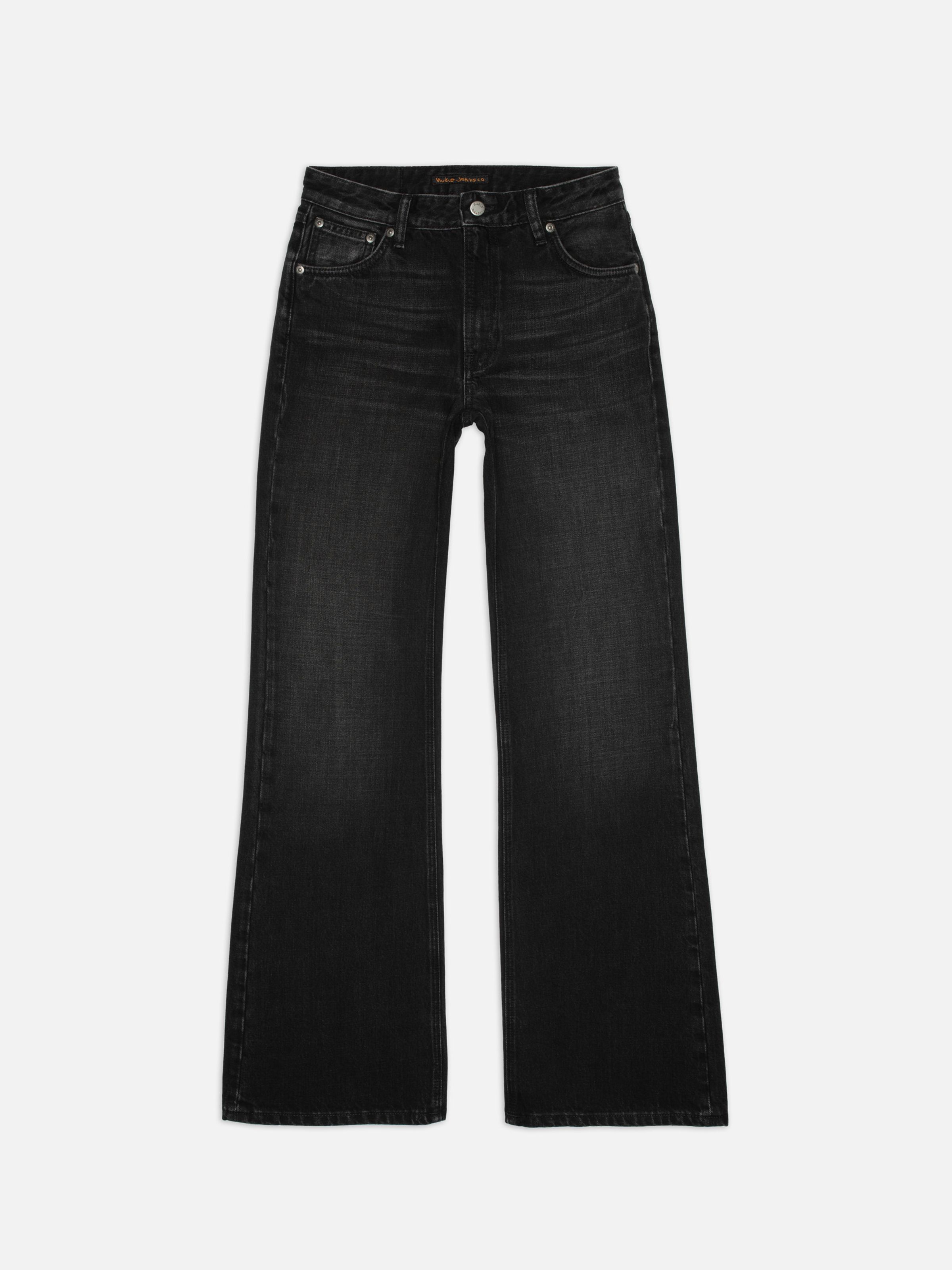 Nudie Jeans Dusty Dee Night Dune, women's regular fit flared jeans laid flat showing the front.
