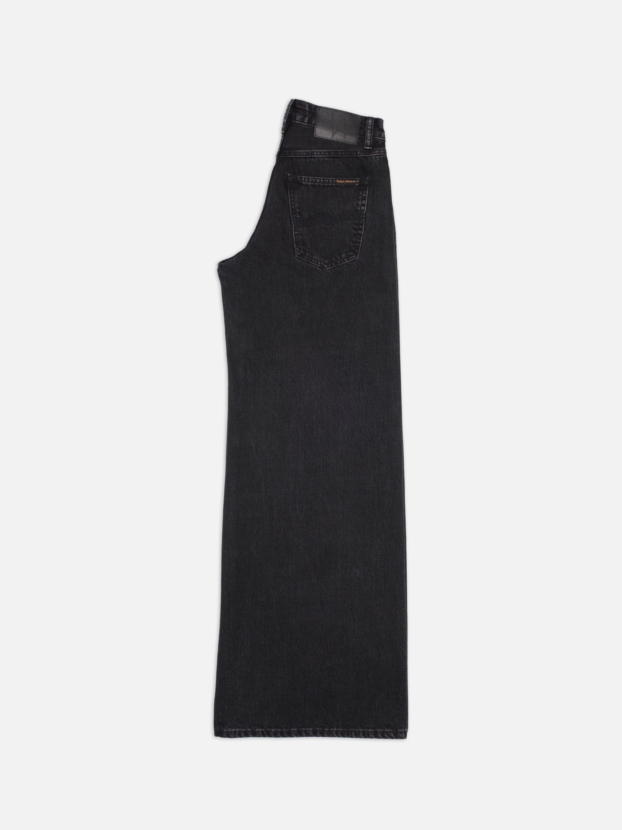 Nudie Jeans Sonic Sue Friendly Black, women's loose fit wide A-line leg jeans, laid flat and folded in half.