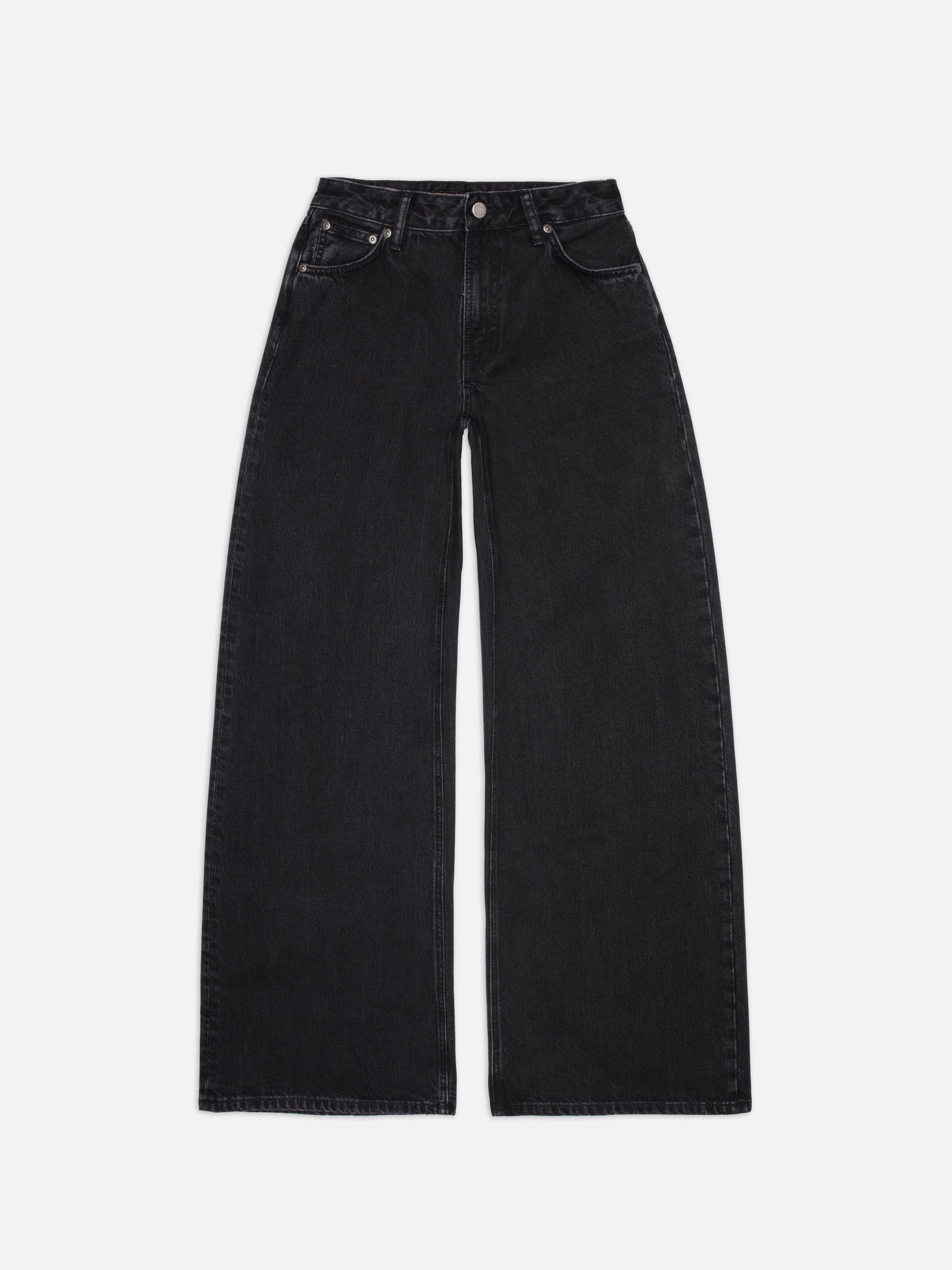 Nudie Jeans Sonic Sue Friendly Black, women's loose fit wide-leg jeans, laid flat showing the front.