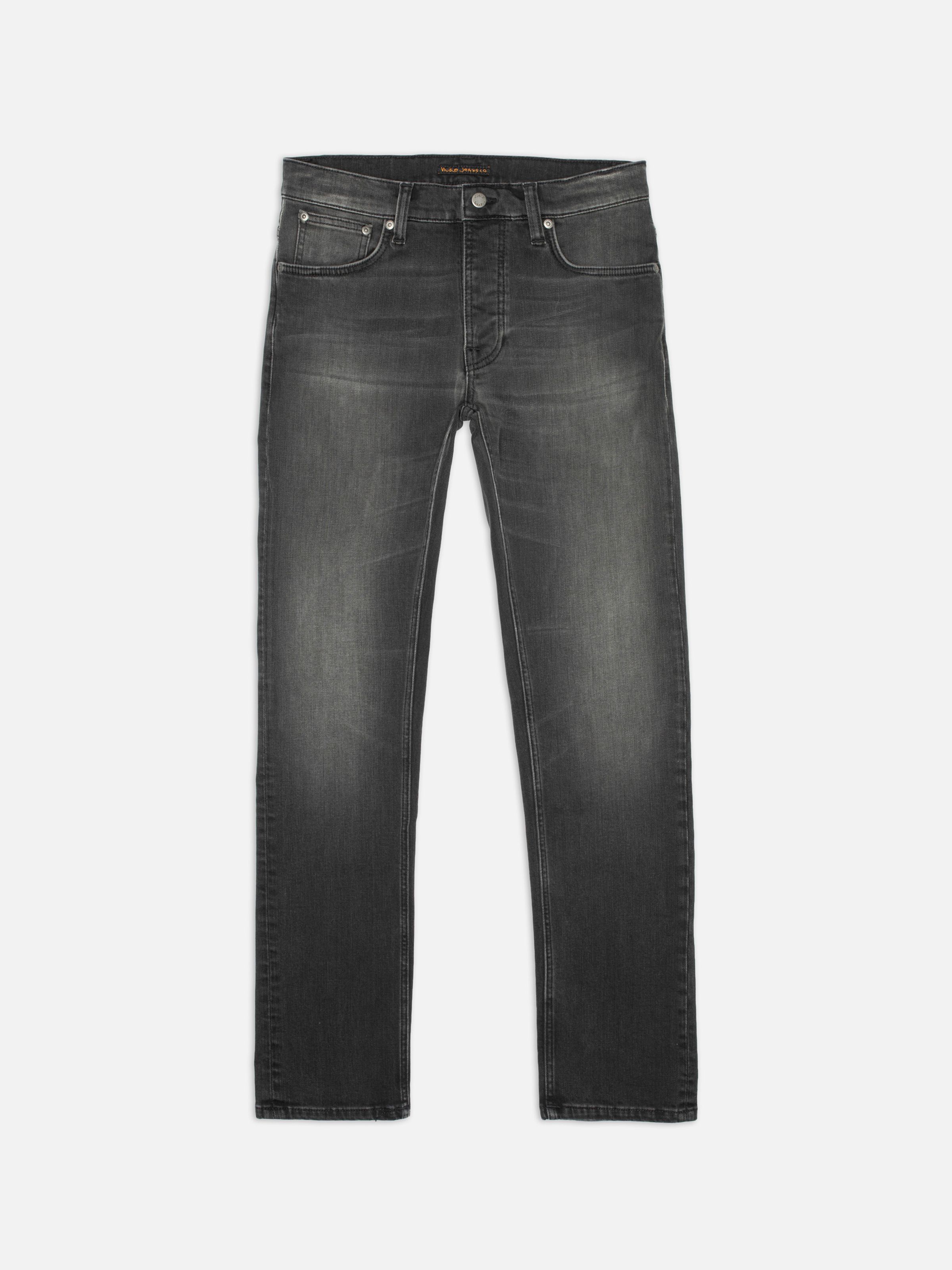 Nudie Jeans Grim Tim Black Mist, men's slim straight jeans, laid flat against a white background.