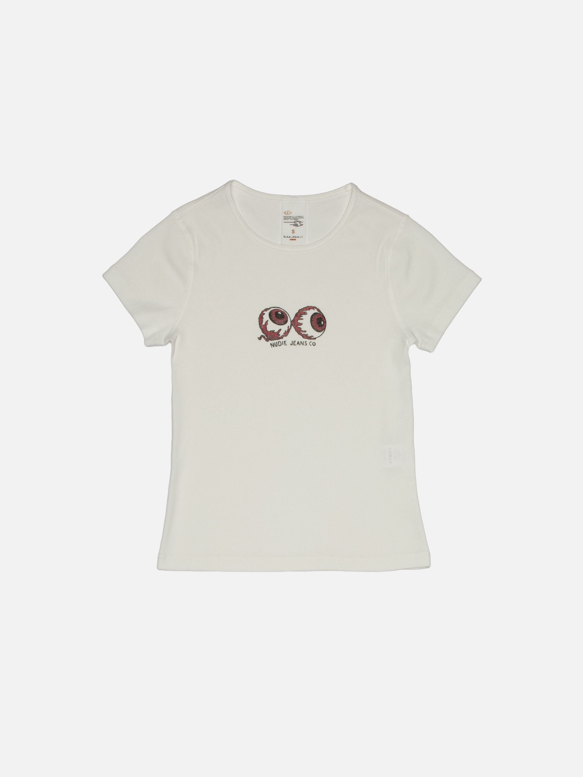 Nudie Jeans Eve T-Shirt Eyeballs Offwhite, a slim organic cotton rib-knit t-shirt with a chest graphic, flat shot.