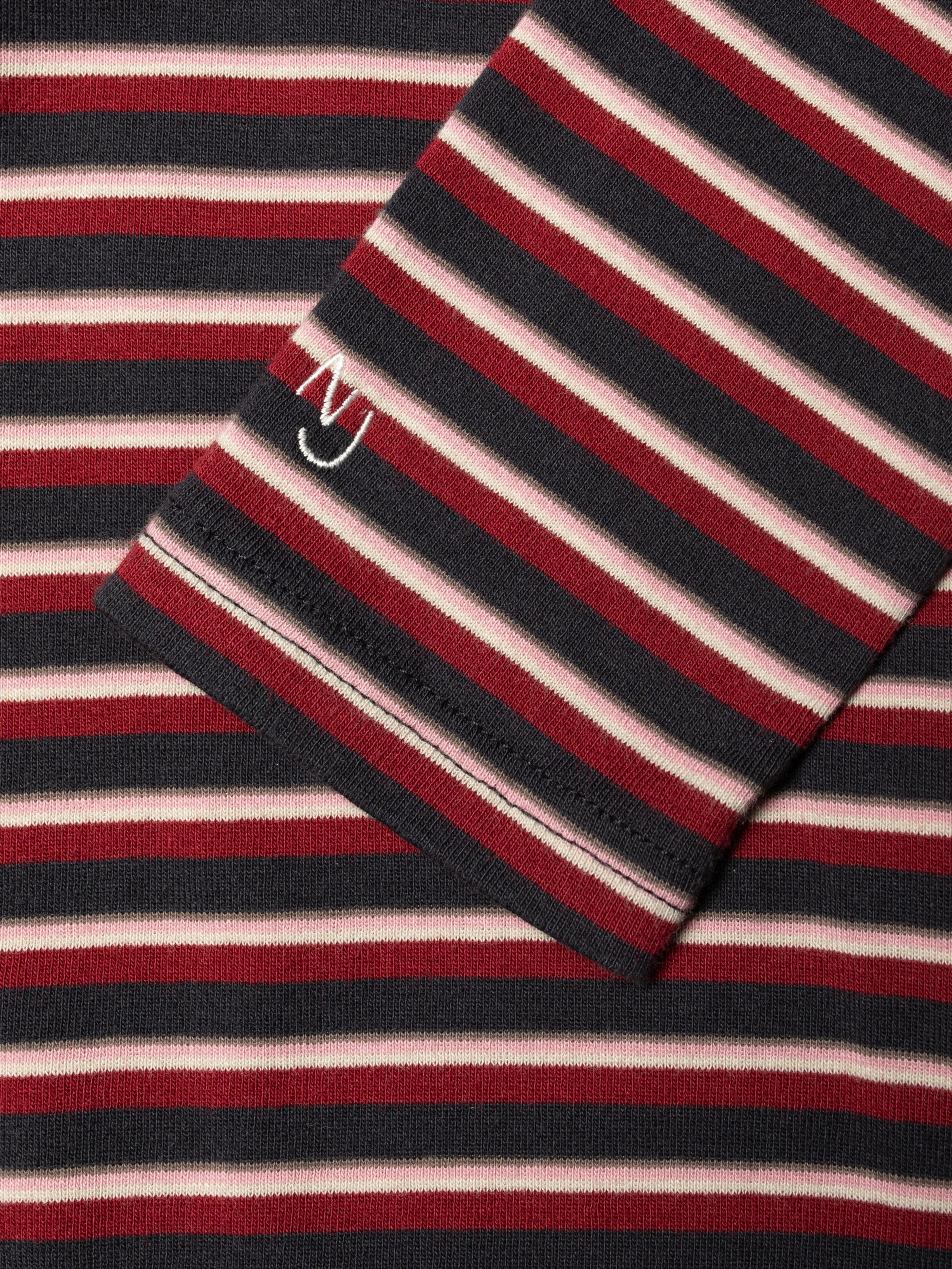 Nudie Jeans Jessy LS T-Shirt, close-up of the multi-colored striped organic cotton rib knit sleeve with NJ embroidery.