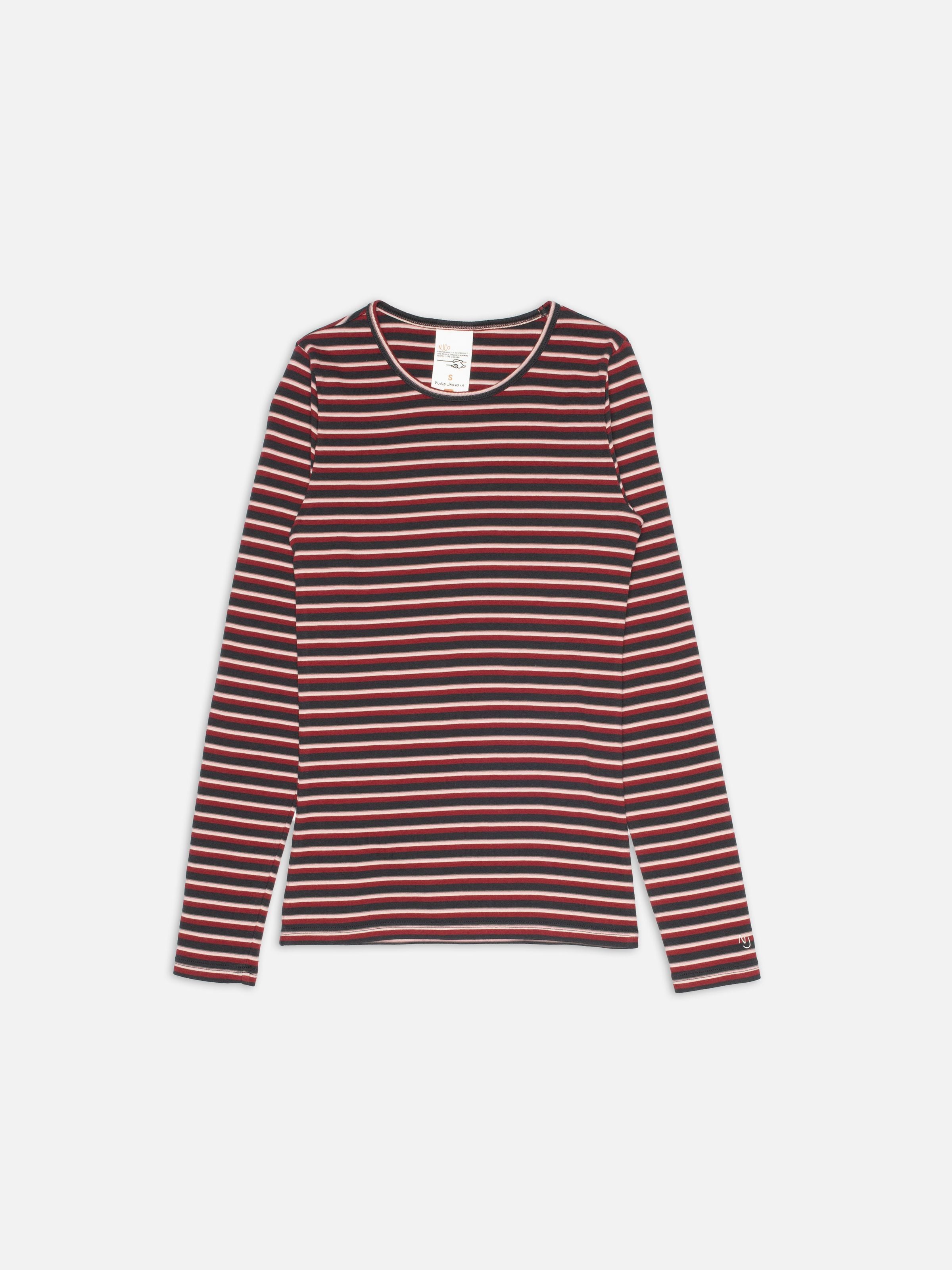 Nudie Jeans Jessy LS T-Shirt Striped Rib Multi, a slim-fit organic cotton long-sleeve tee with yarn-dyed stripes, laid flat.