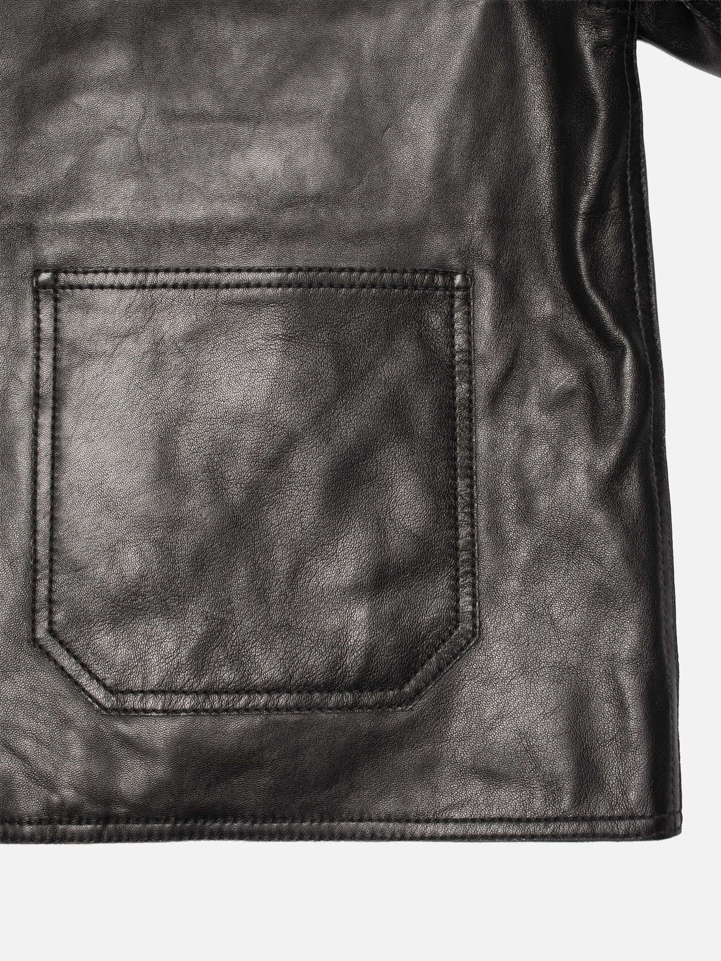 Nudie Jeans Anja Zip Jacket Leather Black, close-up of the pocket with three-needle topstitching on lamb skin leather.