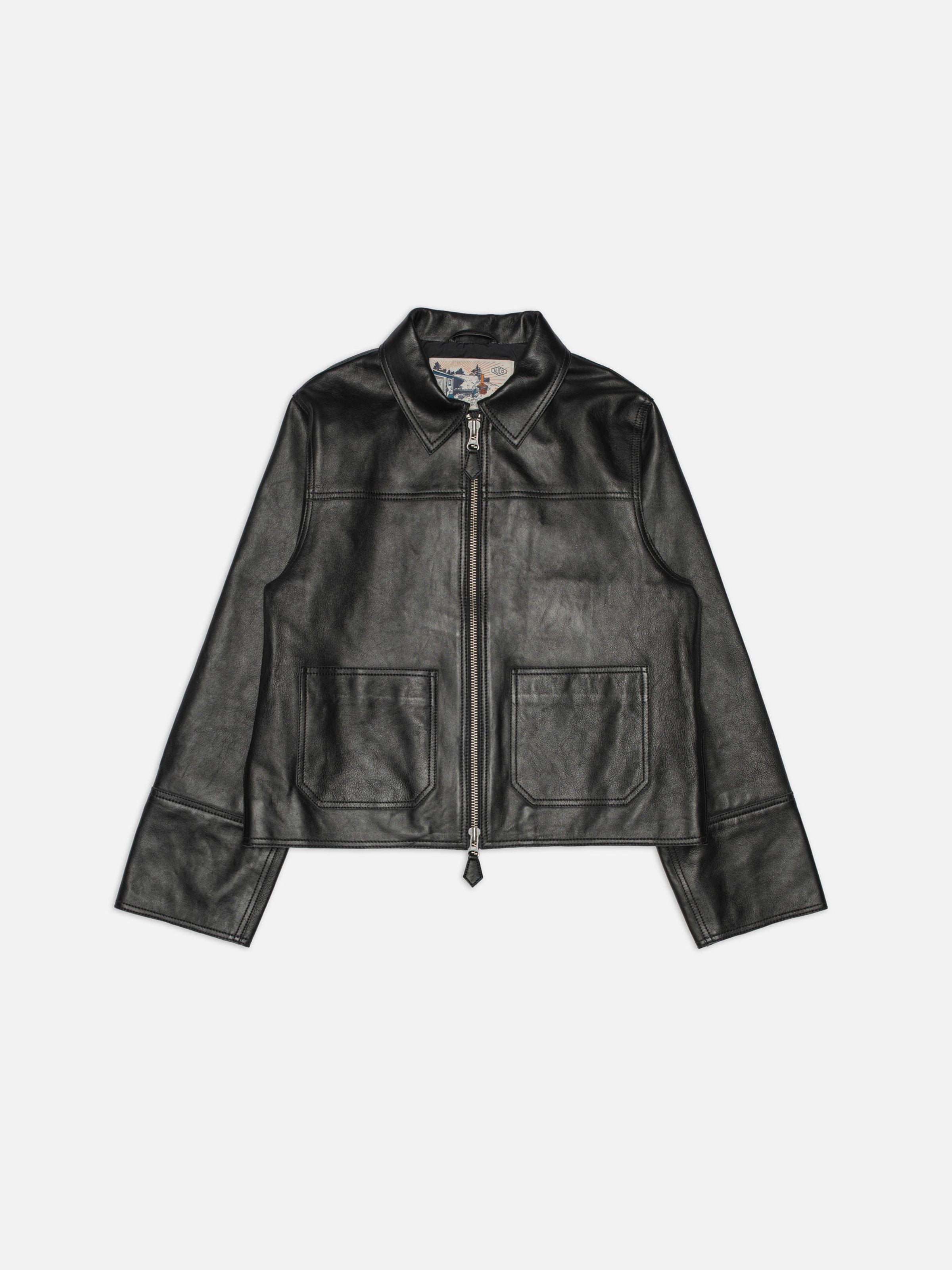 Nudie Jeans Anja Zip Jacket Leather in Black, a regular fit lamb skin jacket with a two-way zip and large patch pockets.