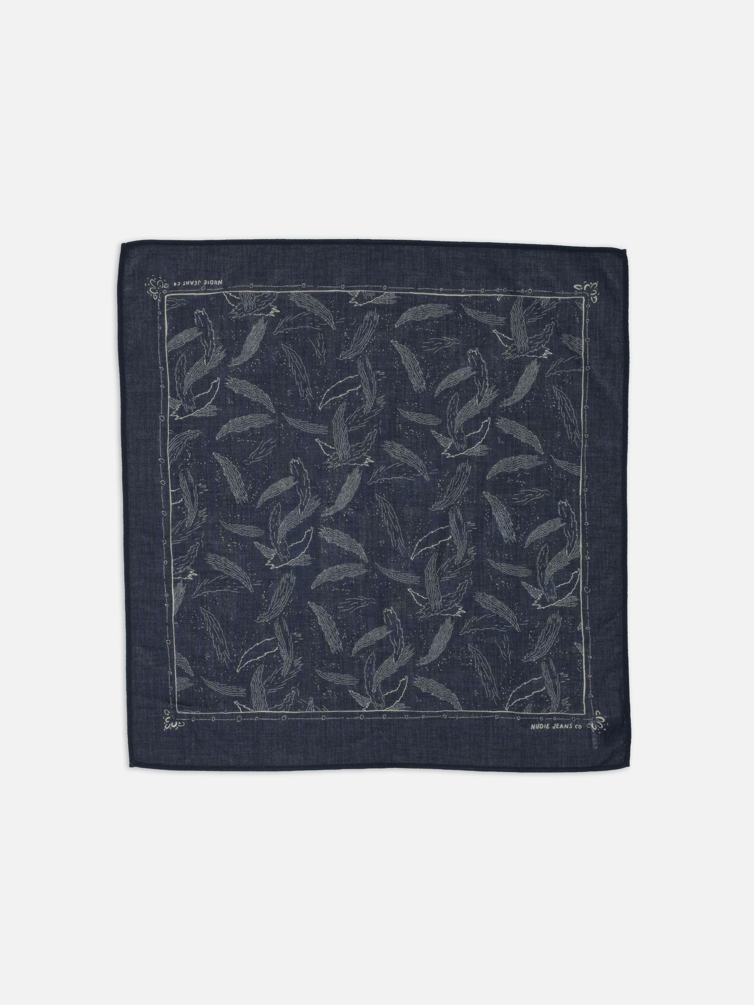 Nudie Jeans Ingrid Bandana Starburst Blue, an organic cotton scarf with a starburst pattern, shown in a full flat lay.