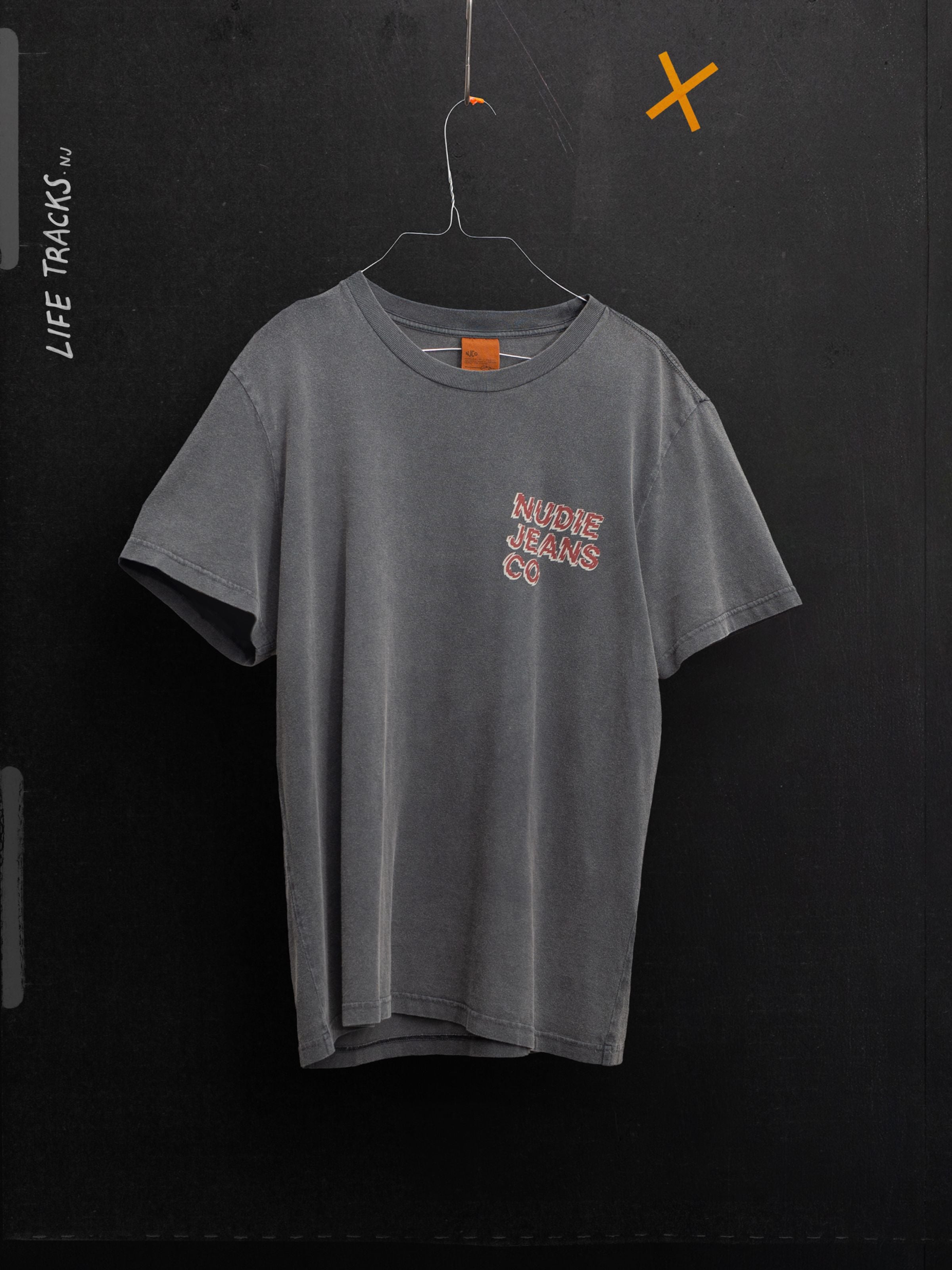 Nudie Jeans Roy T-Shirt Life Tracks I in antracite organic cotton, a faded crew neck tee with a chest logo.