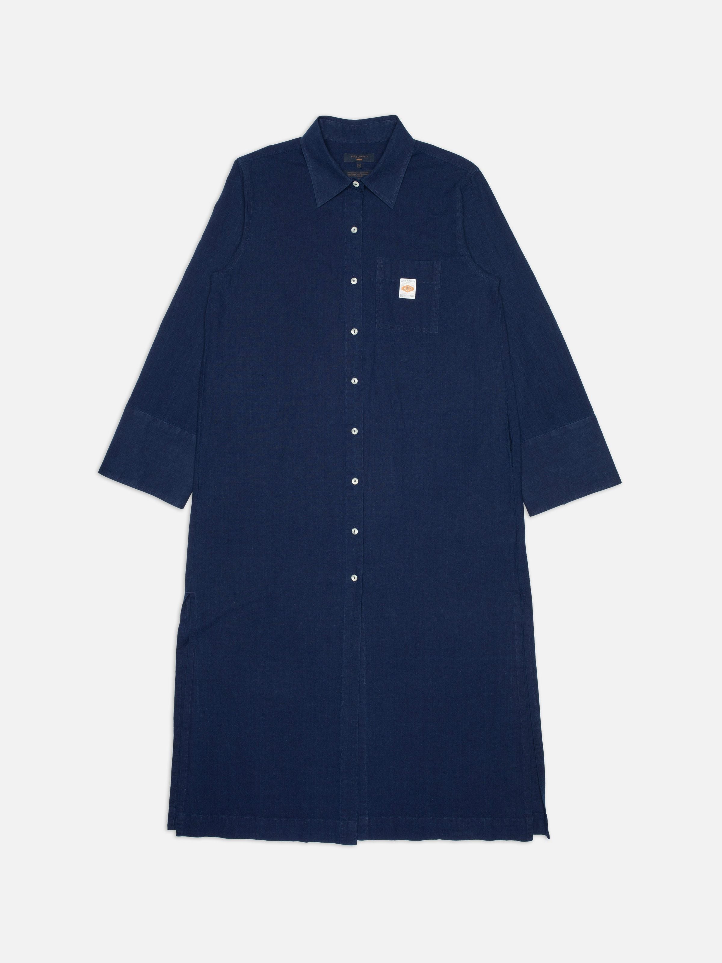 Nudie Jeans Nila Shirt Dress in Indigo Blue, a relaxed-fit organic cotton and organic linen button-down dress shown flat.