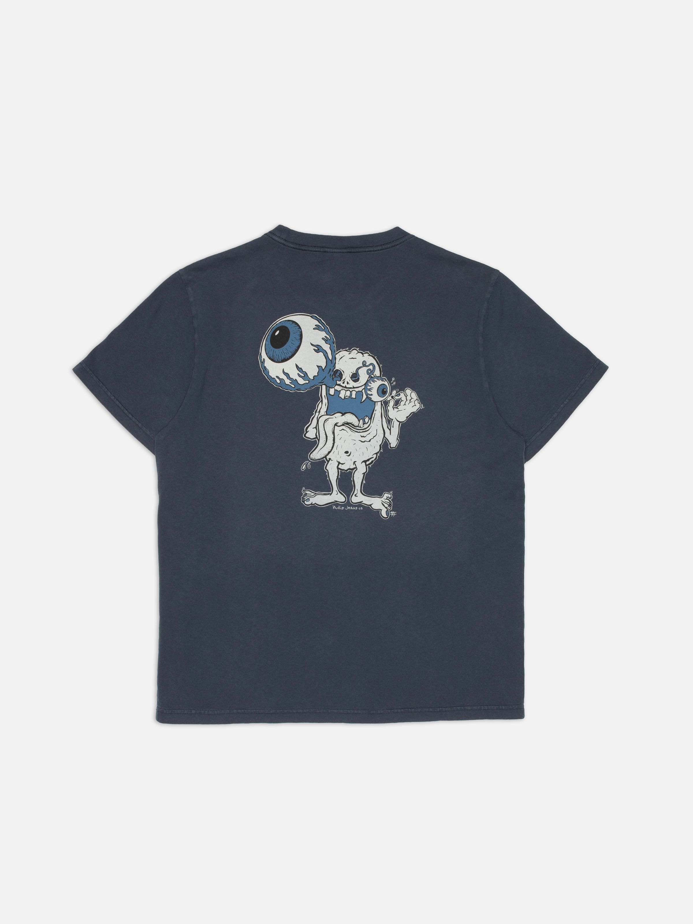 Nudie Jeans Roy T-Shirt Freaky Dark Blue, ein Kurzarm-T-Shirt aus Bio-Baumwolle mit Monster-Grafikprint auf der Rückseite.