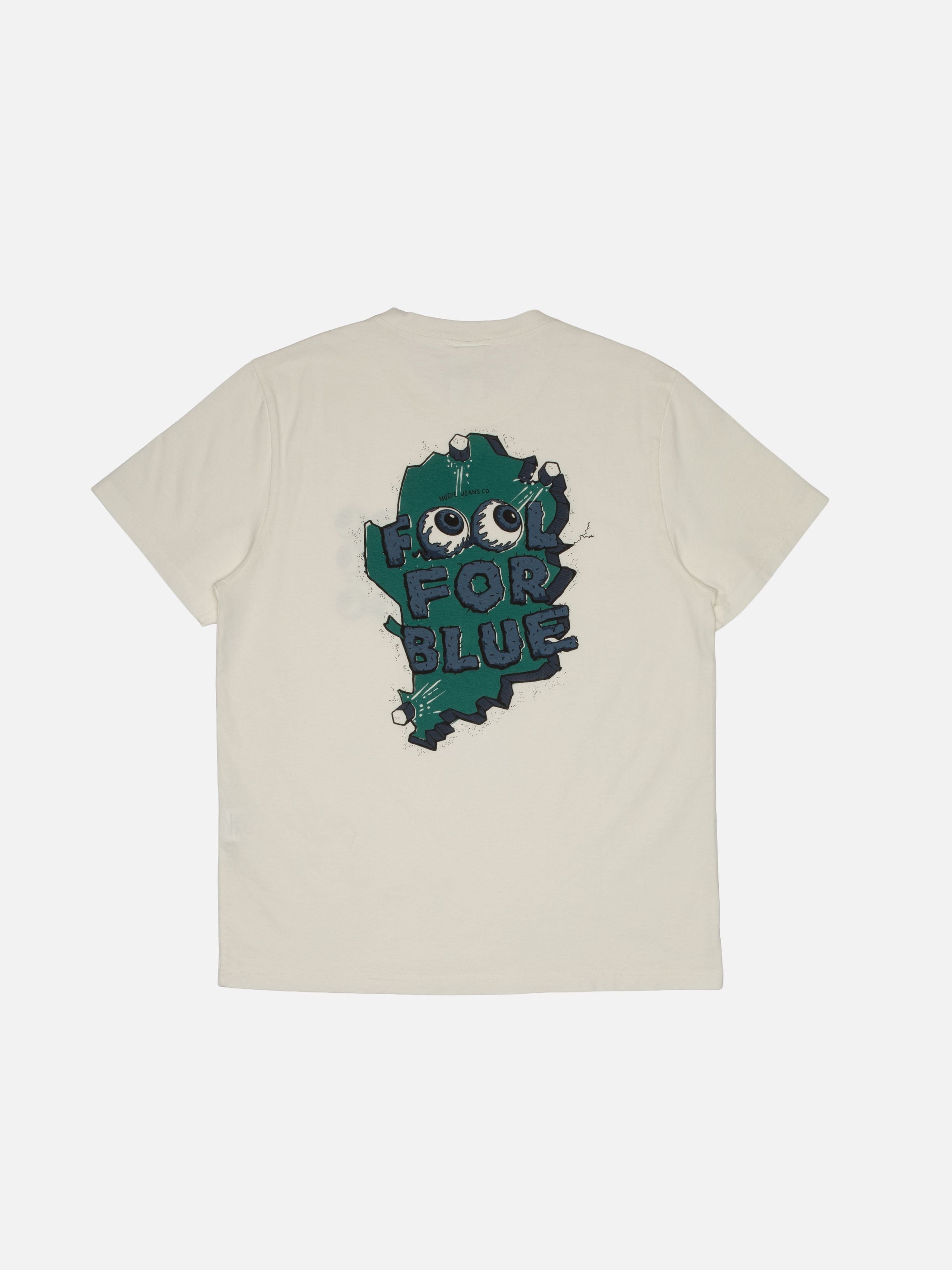 Nudie Jeans Roy T-Shirt Wall Crack in Chalk White, ein T-Shirt aus Bio-Baumwolle mit großem Grafikprint auf der Rückseite.