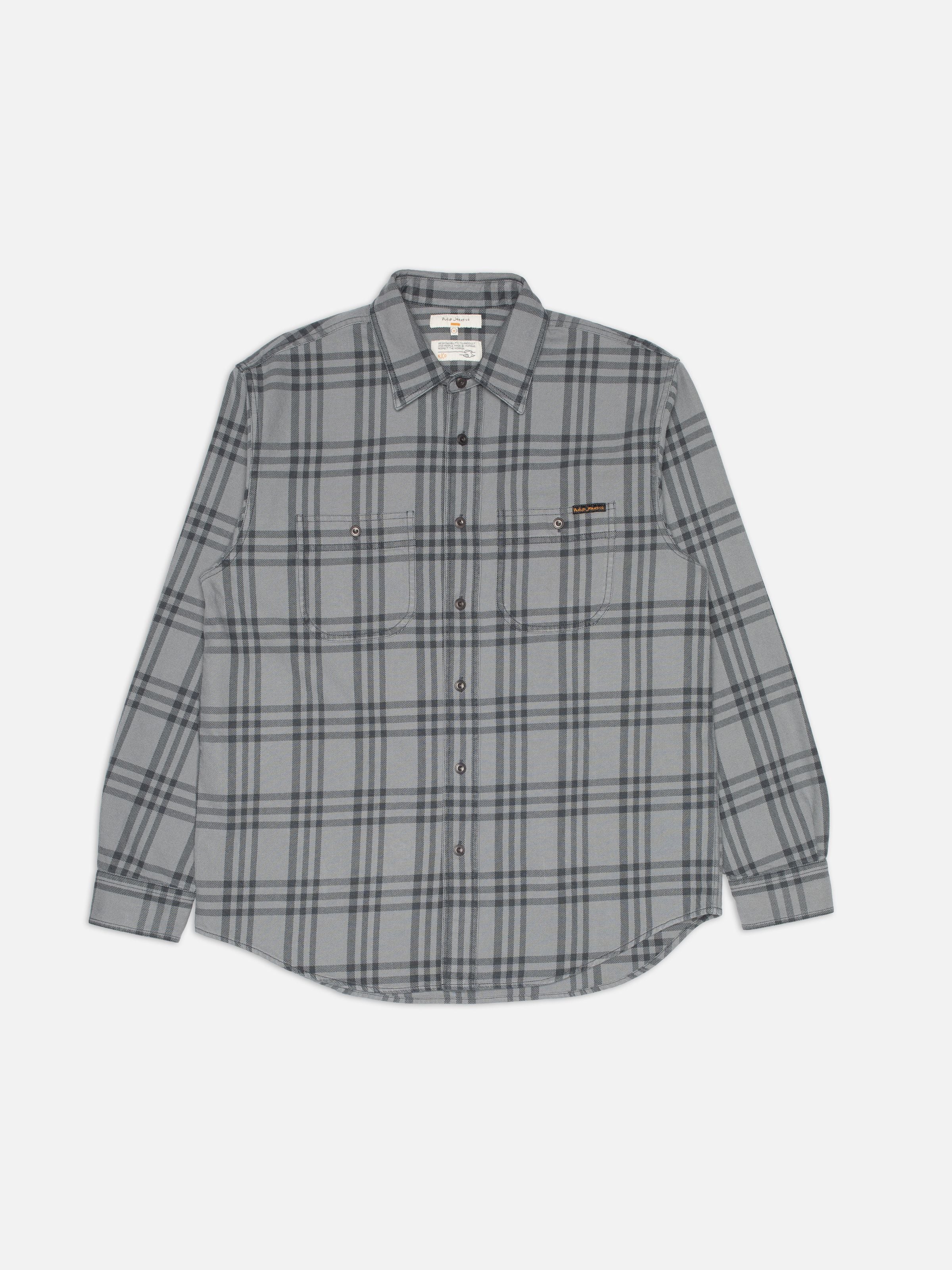 Nudie Jeans Julian Shirt Grey Check Multi, a long-sleeved organic cotton checked shirt shown as a flat shot.