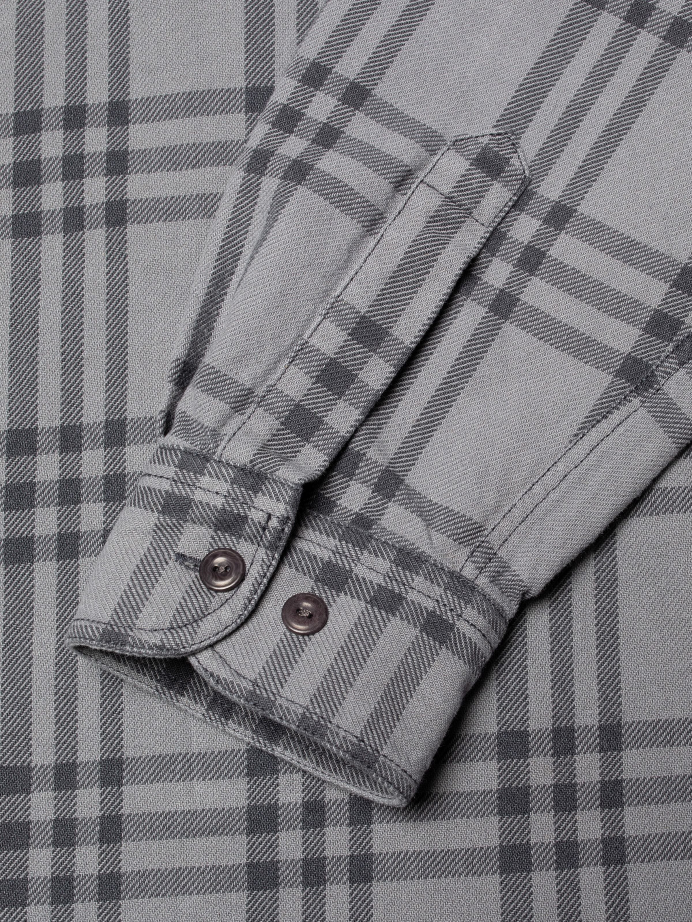 Nudie Jeans Julian Shirt Grey Check Multi, close-up of the buttoned sleeve cuff in a grey organic cotton plaid fabric.