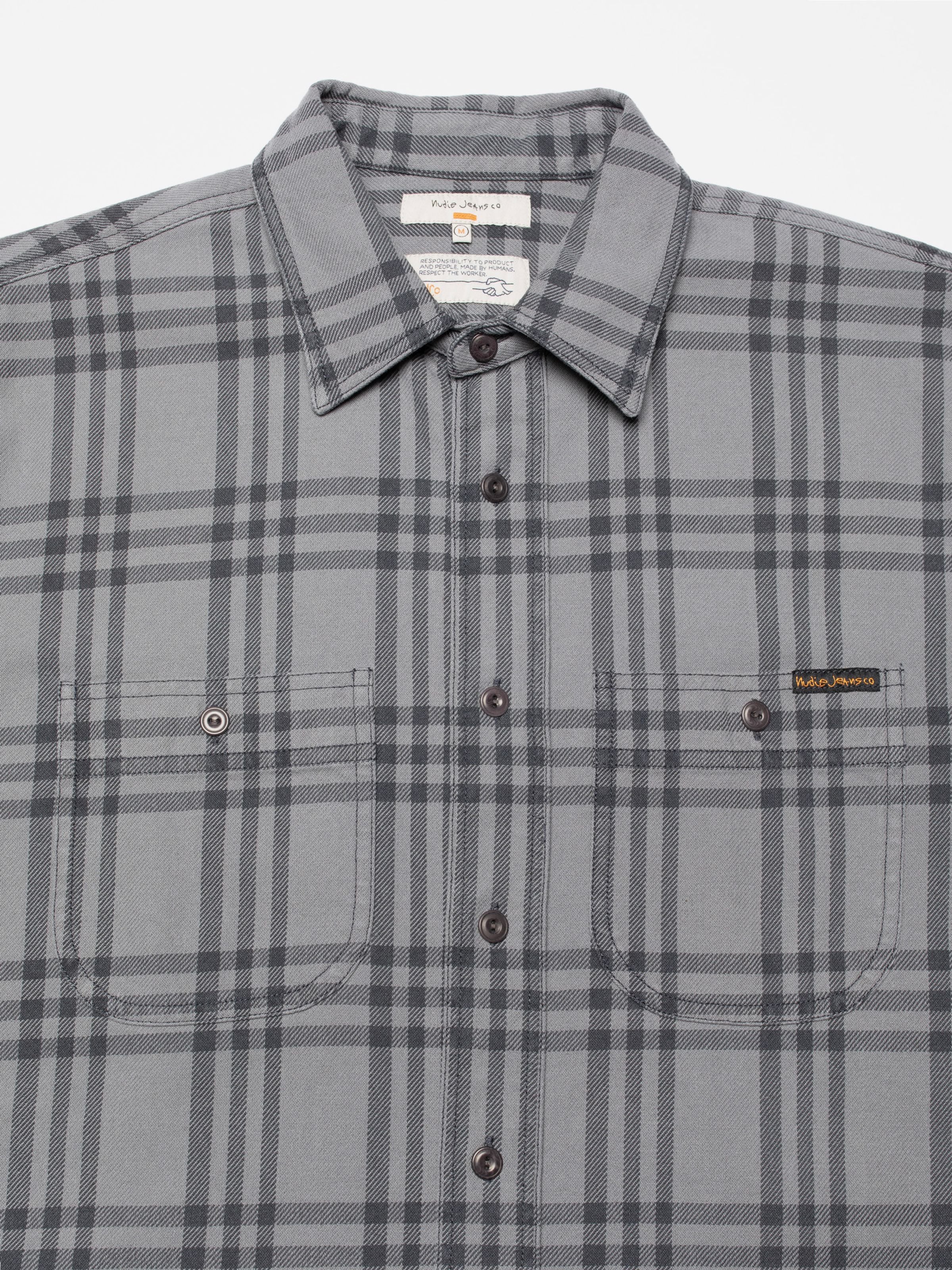 Nudie Jeans Julian Shirt Grey Check Multi, a grey organic cotton checked shirt featuring two buttoned chest pockets.