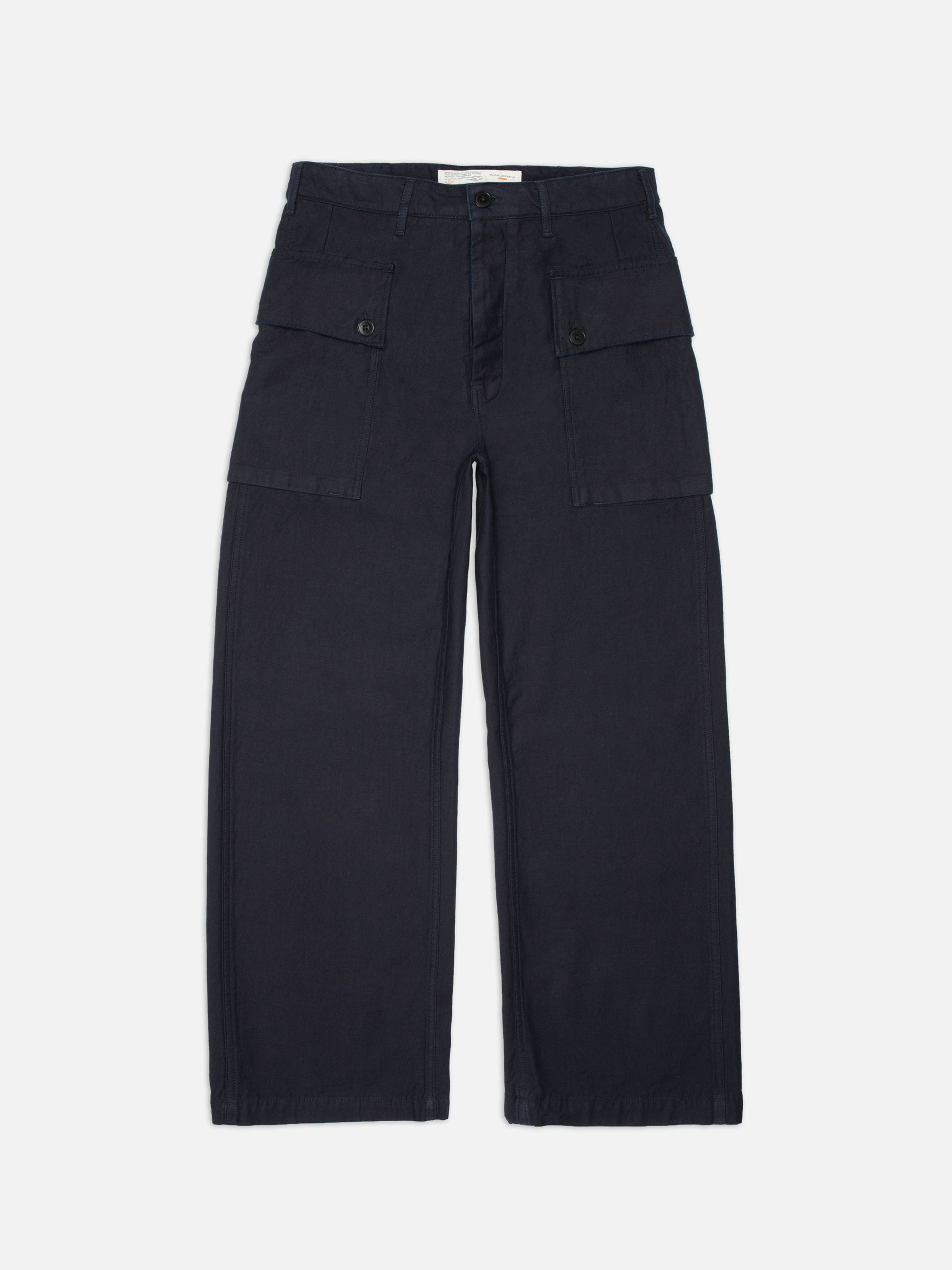 Nudie Jeans Loud Larry Pants Back Sateen, wide-leg organic cotton utility pants in deep indigo blue shown in a flatshot.