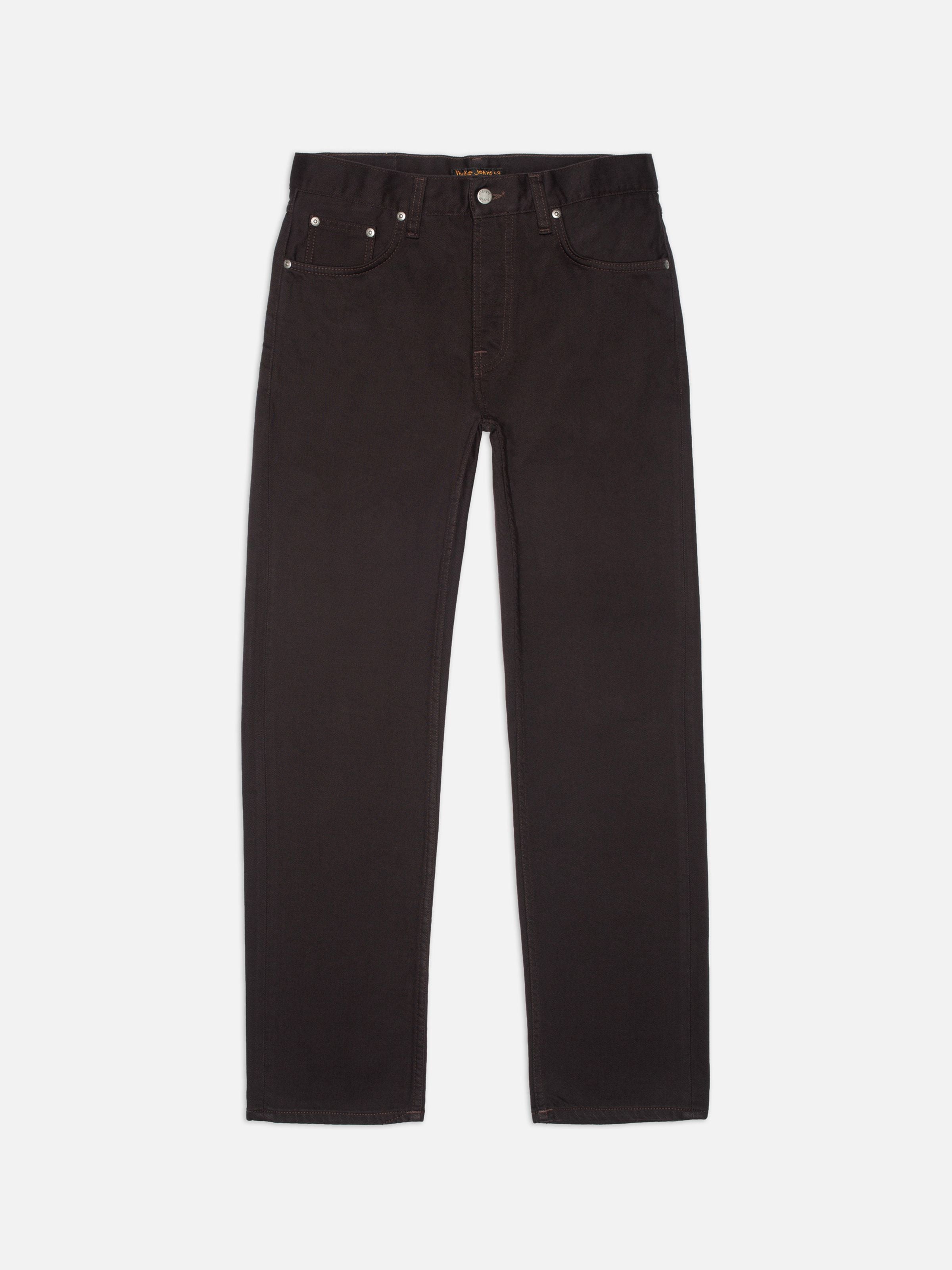 Nudie Jeans Rad Rufus Everbrown, regular fit straight leg jeans in deep brown shown from the front.