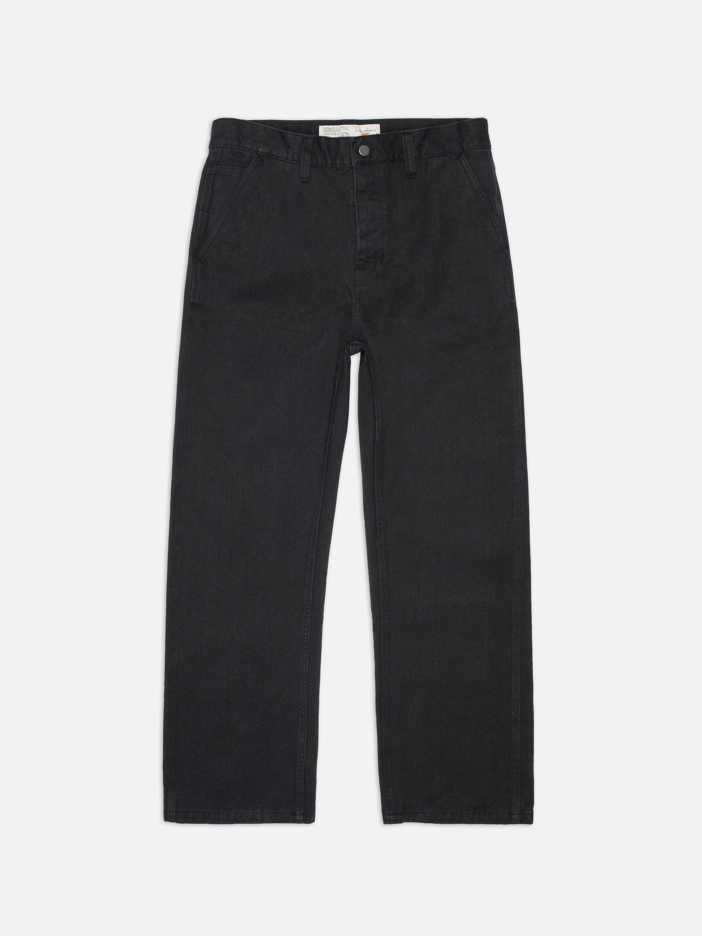 Nudie Jeans Tuff Tony Pants in black organic cotton Duck Canvas, loose fit wide-leg pants shown in a full flatshot.