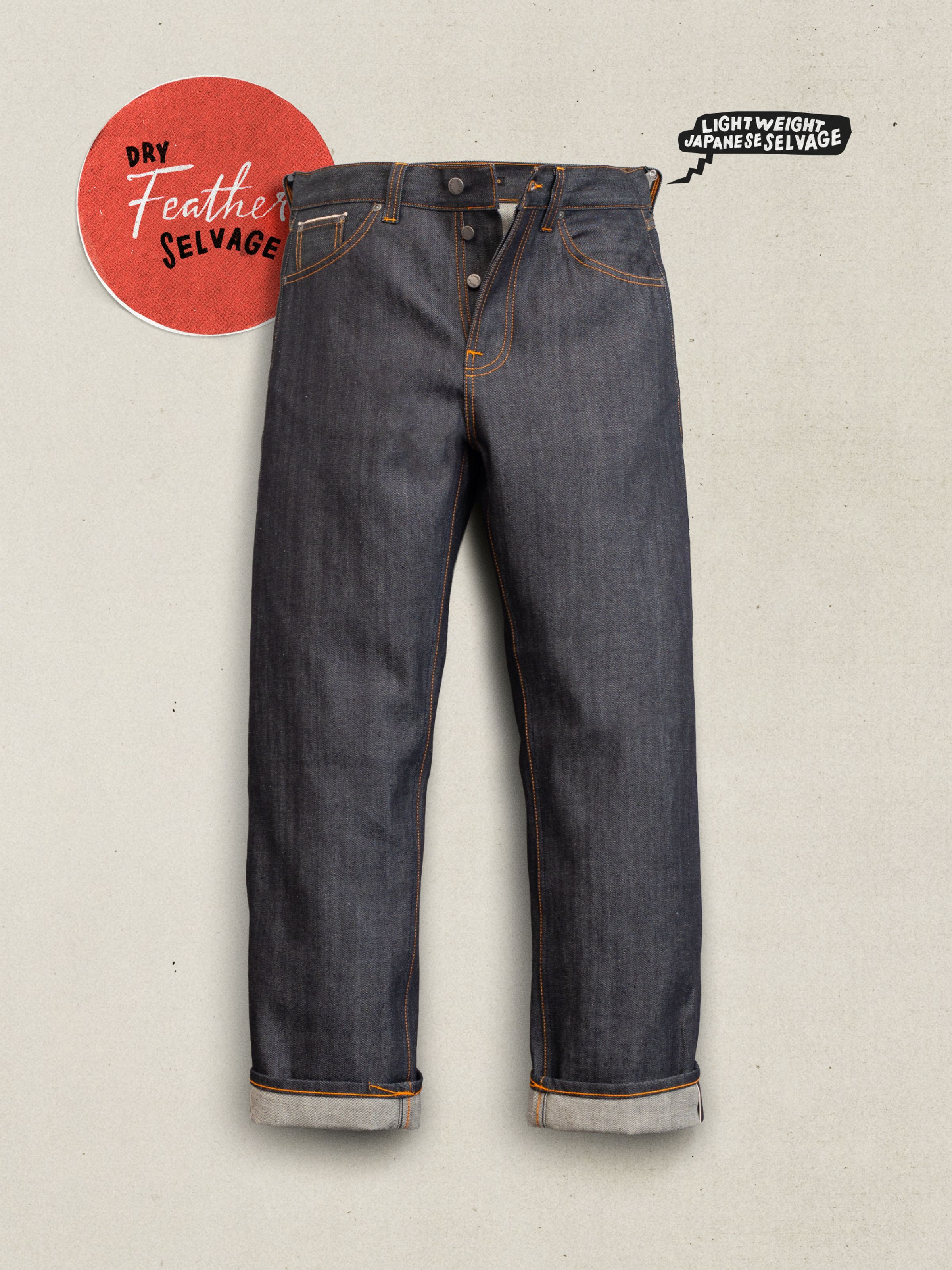 Nudie Jeans Tuff Tony Dry Feather Selvage, loose fit jeans in Dry Blue organic cotton selvedge denim, shown in a flat shot.