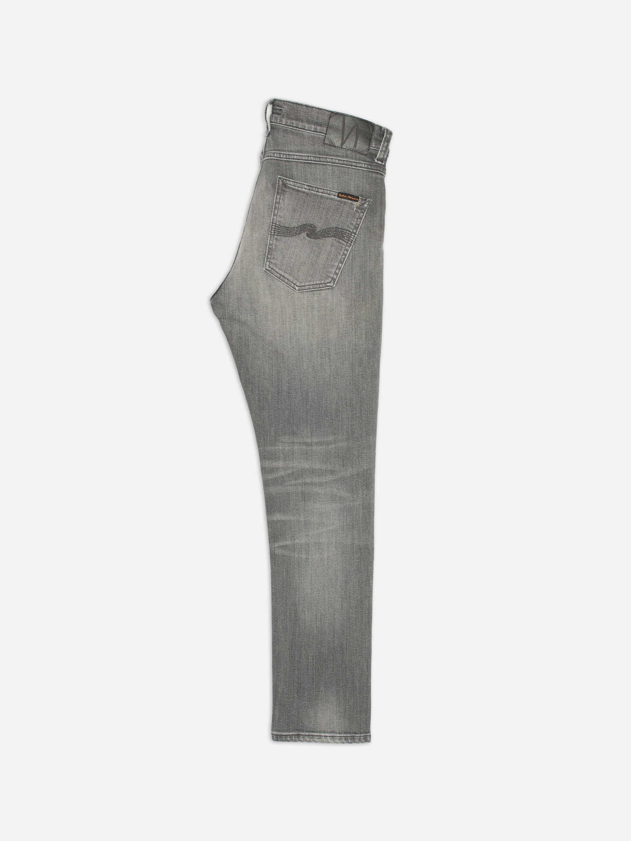 Nudie Jeans Lean Dean Grey Asphalt, slim tapered jeans in grey organic cotton denim shown from the side.