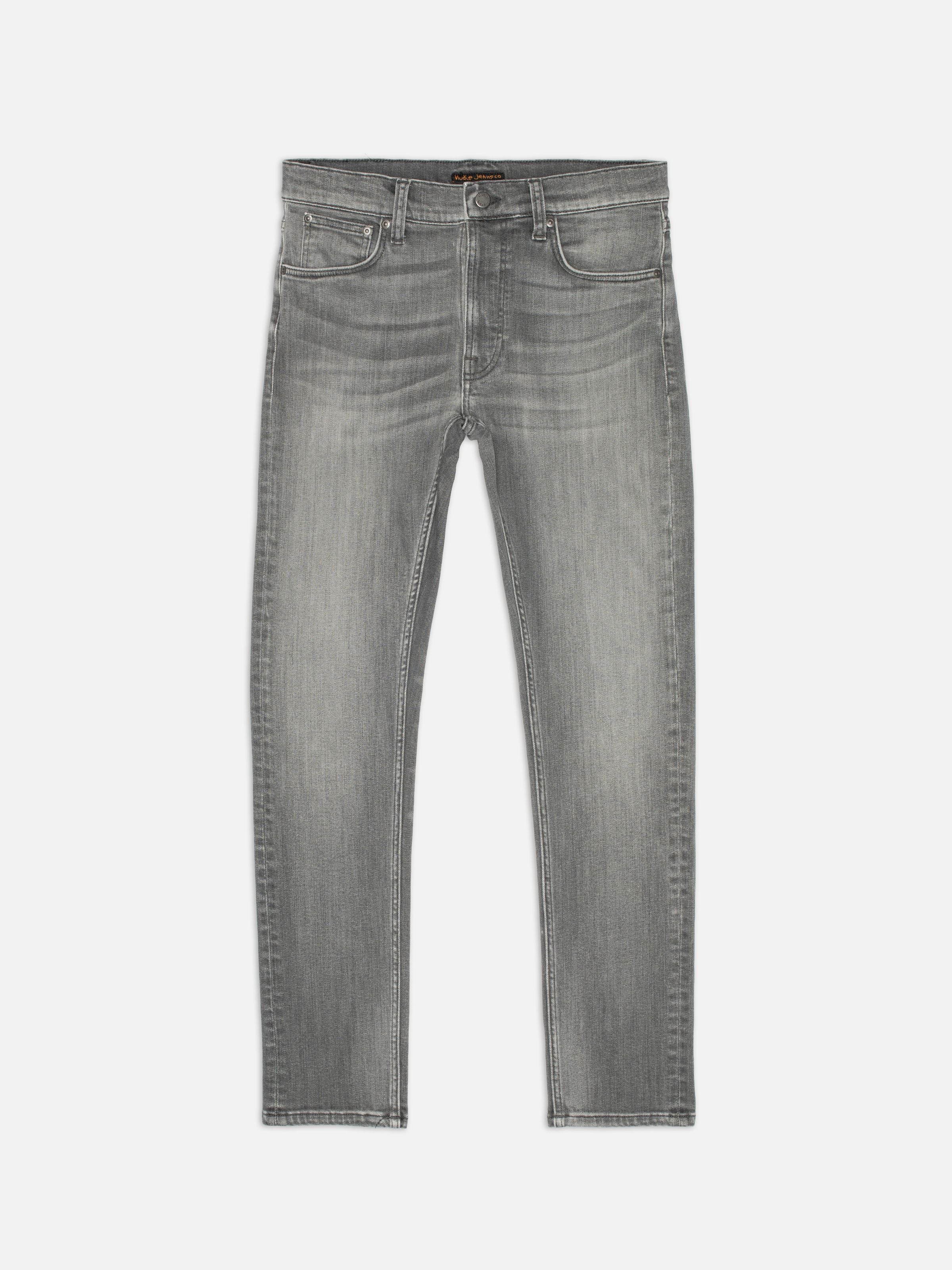 Nudie Jeans Lean Dean Grey Asphalt, slim tapered jeans in 13 oz. organic cotton comfort stretch denim, front flatshot.